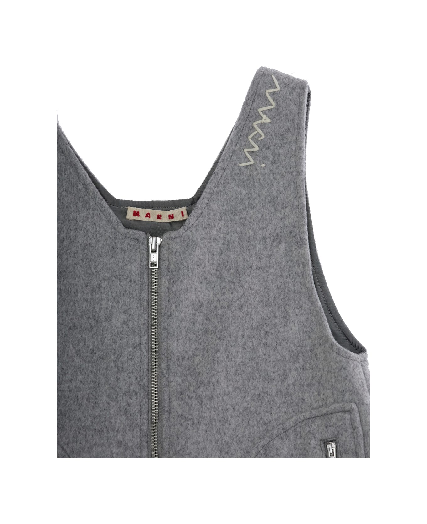 Marni Grey Sleeveless Dress With Logo Embroidery On The Front In Wool Blend Girl - Grey