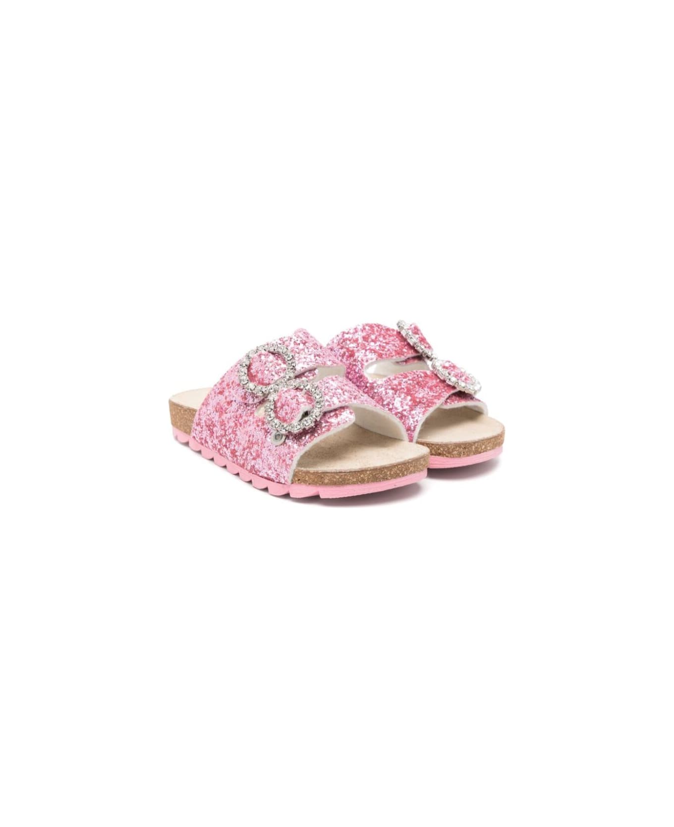 Monnalisa Pink Glittered Sandals With Crystal Buckle In Tech Fabric Girl - Pink