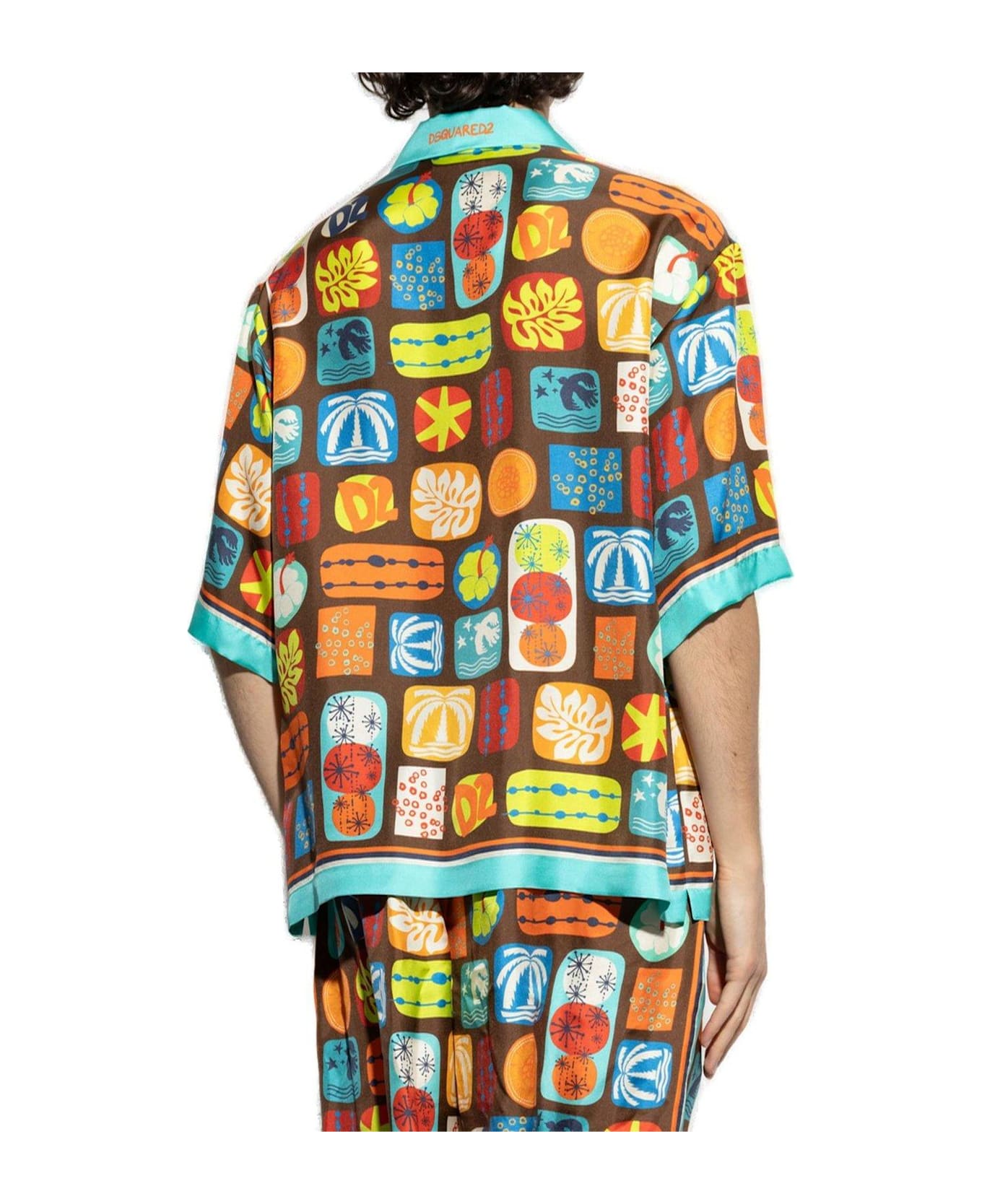 Dsquared2 Summer Lovers Drop Shoulder Bowling Shirt - BROWN/BLUE