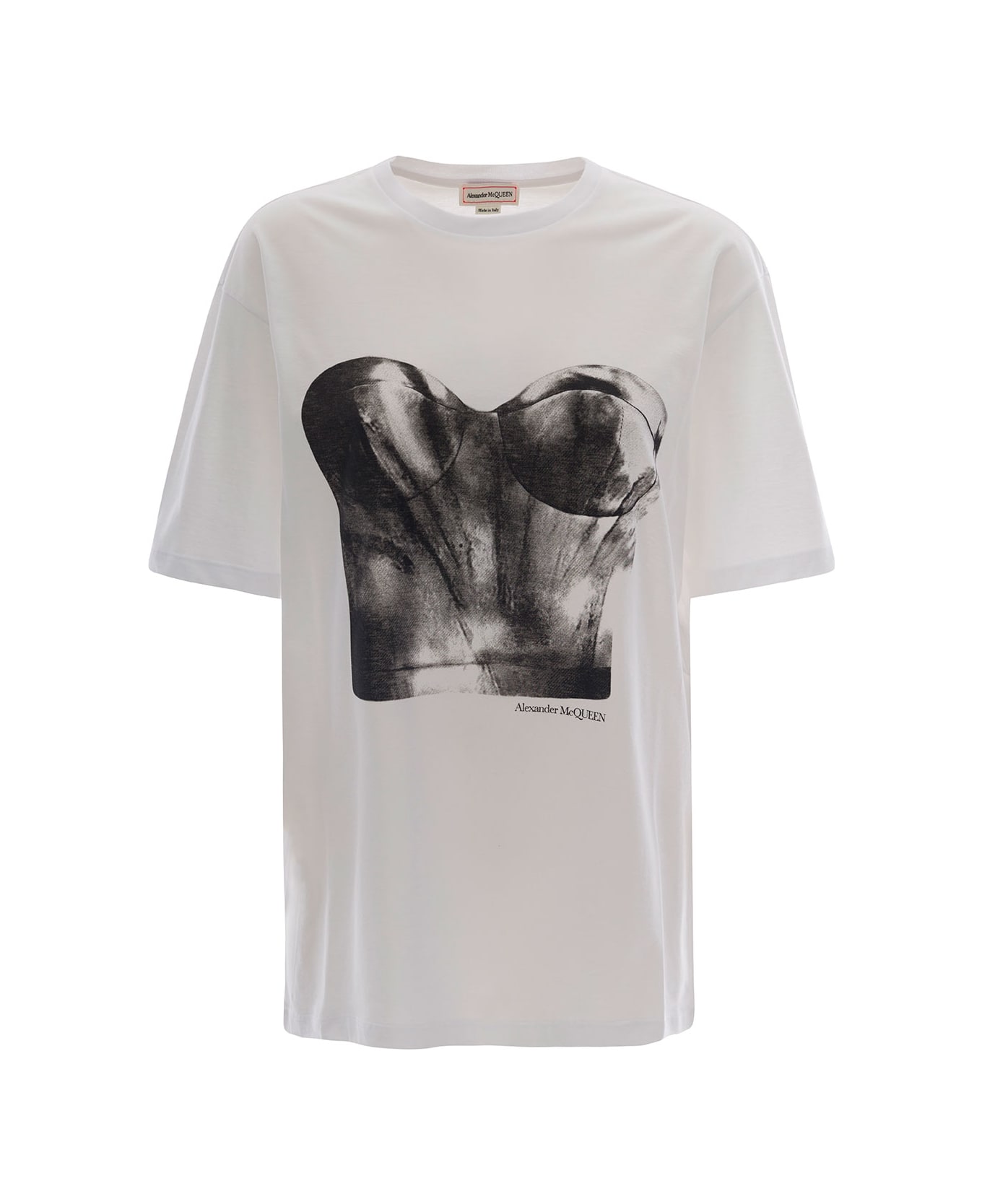 Alexander McQueen White Crewneck T-shirt With Bustier Print In Cotton Woman - White