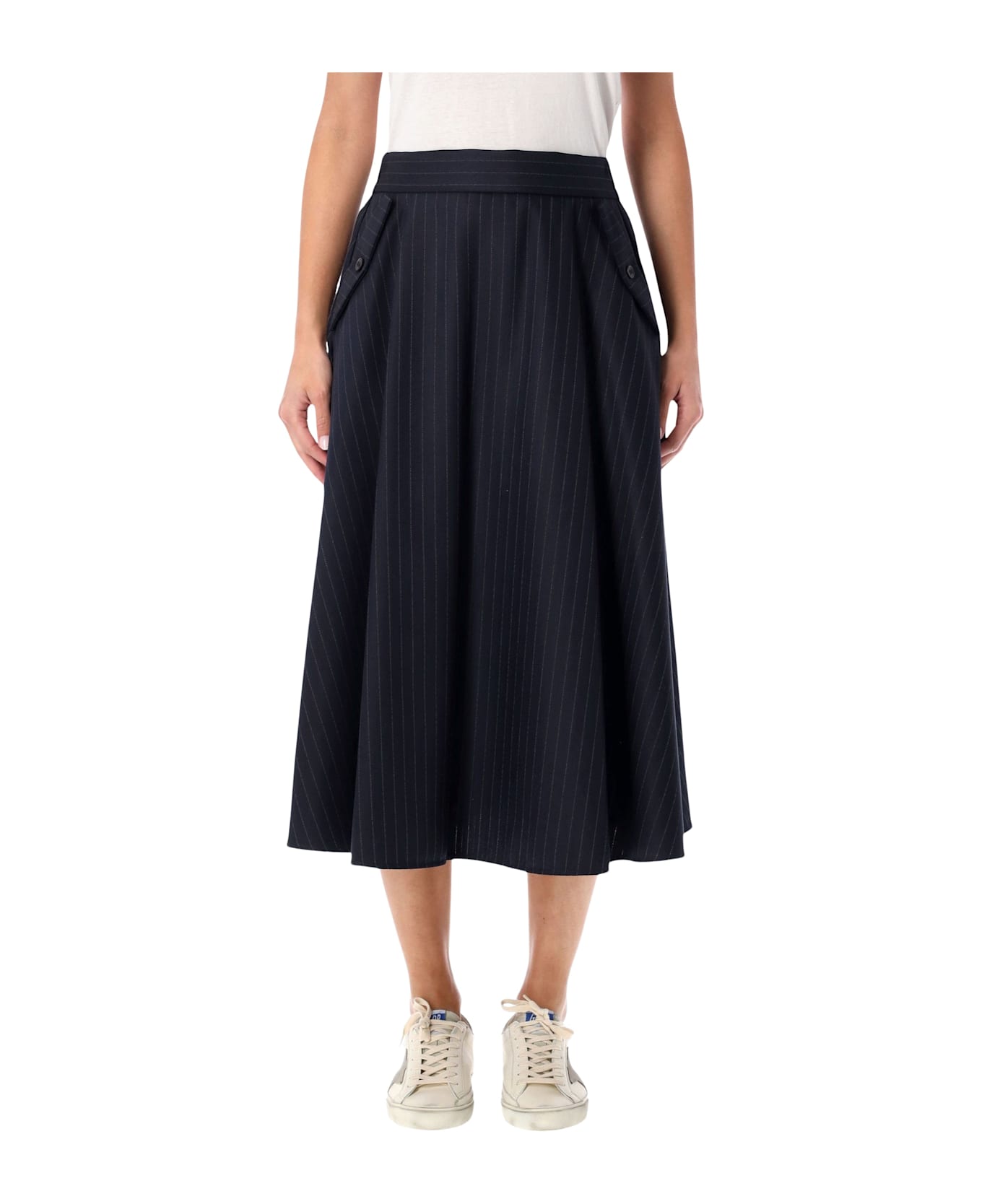 Golden Goose Navy Blue Wool Pint-striped Midi Skirt - DARK NAVY