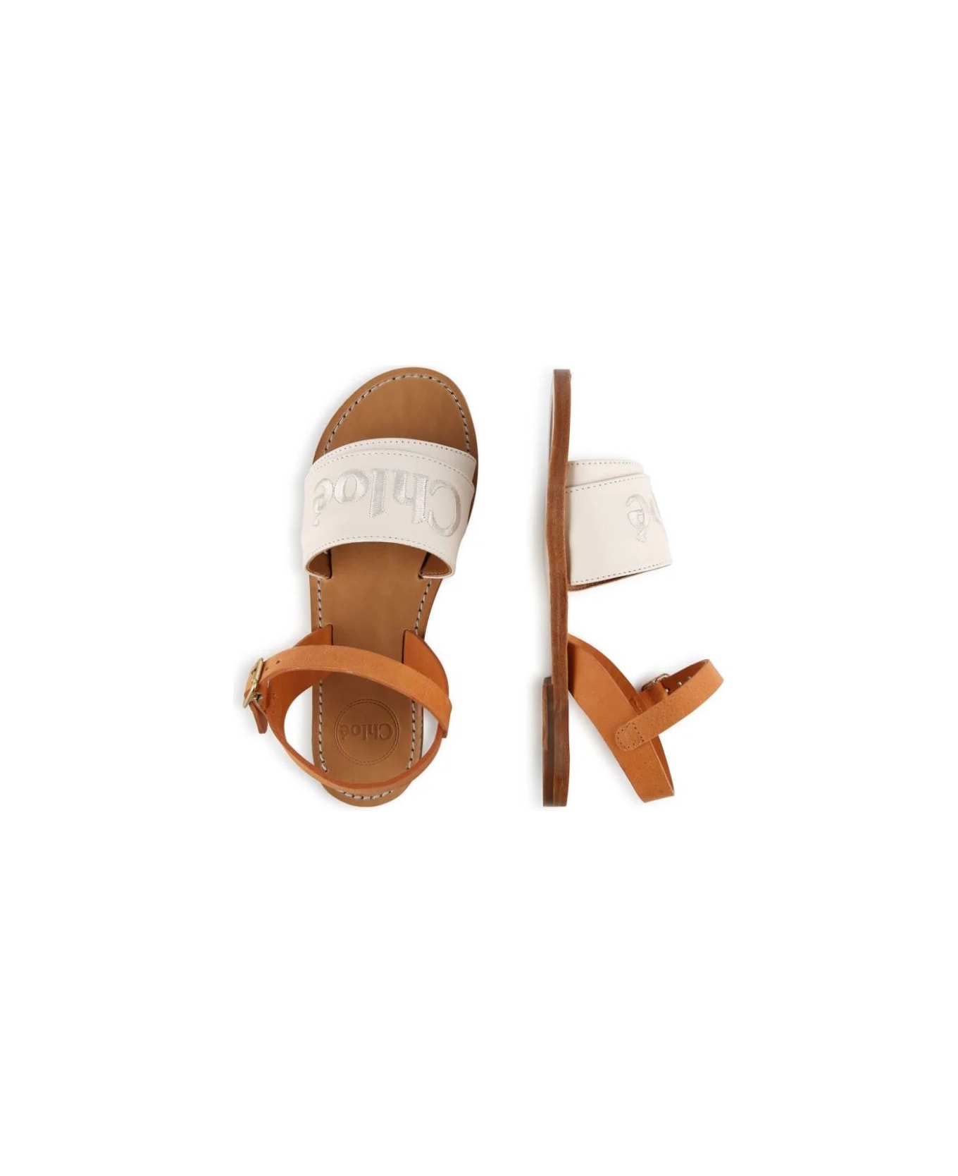 Chloé Cream And Brown Leather Sandals With Embroidered Logo - Brown シューズ