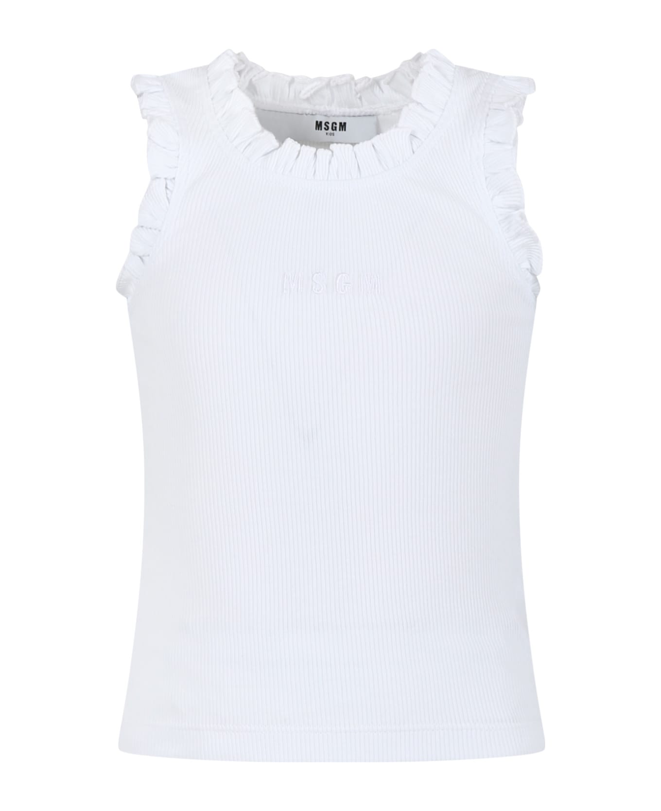 MSGM White Tank Top For Girl With Ruffles - White