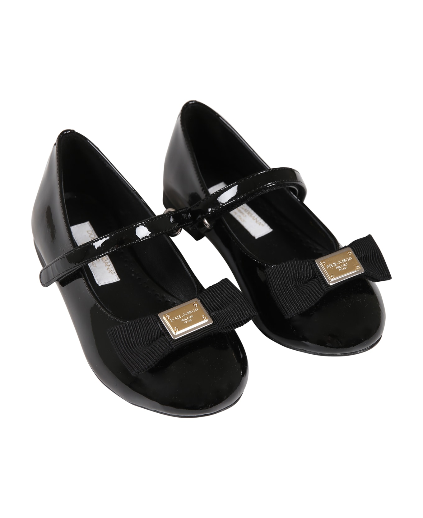 Dolce & Gabbana Black Ballet Flats For Girl With Logo And Bow - Black シューズ