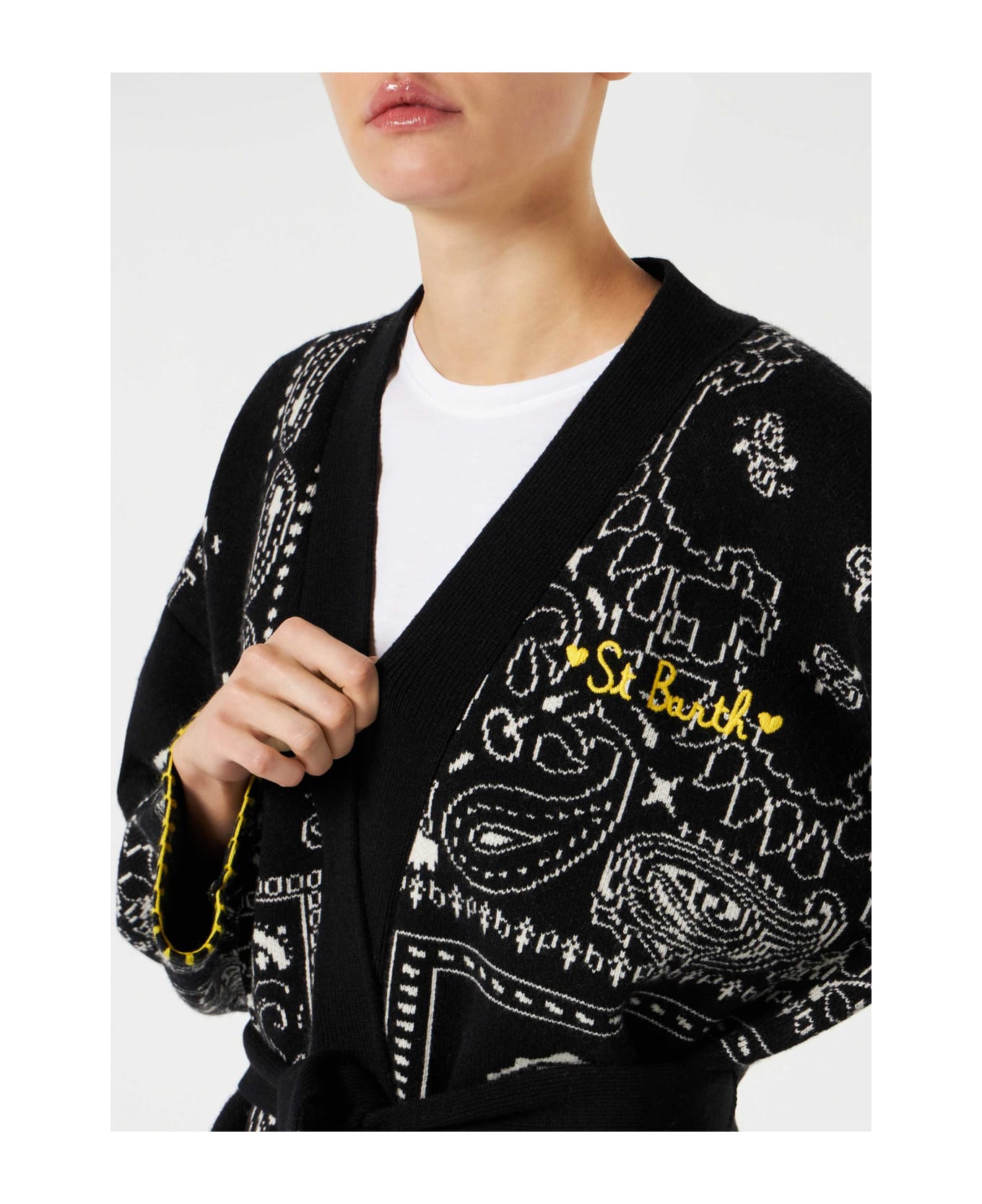 MC2 Saint Barth Woman Bandanna Coat With Belt And St. Barth Embroidery - BLACK