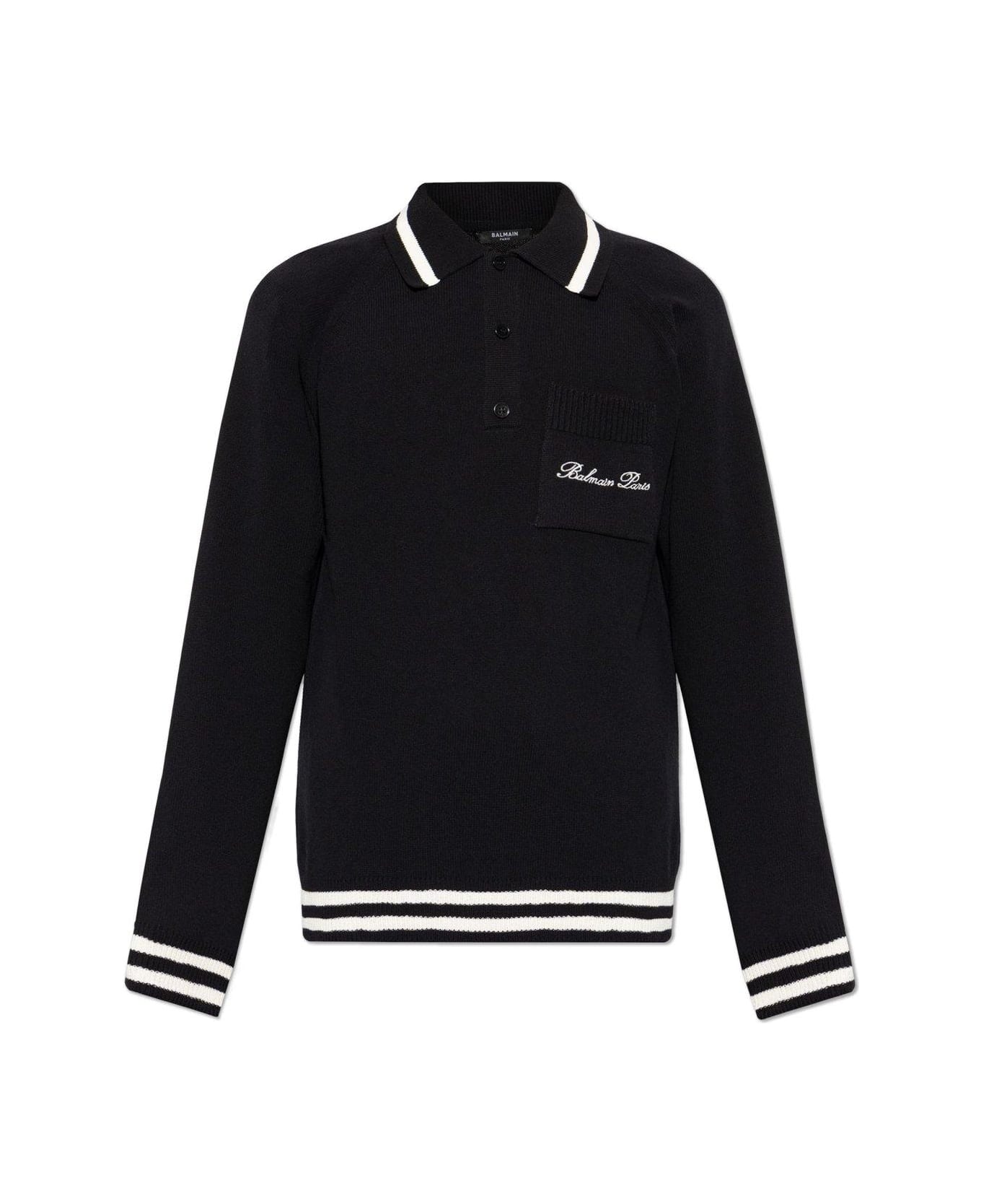 Balmain Logo Embroidered Long-sleeve Polo Shirt - Black/natural