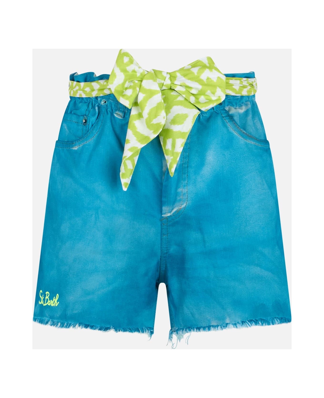 MC2 Saint Barth Woman Upcycled Turquoise Denim Shorts Arizona With Embroidery - BLUE