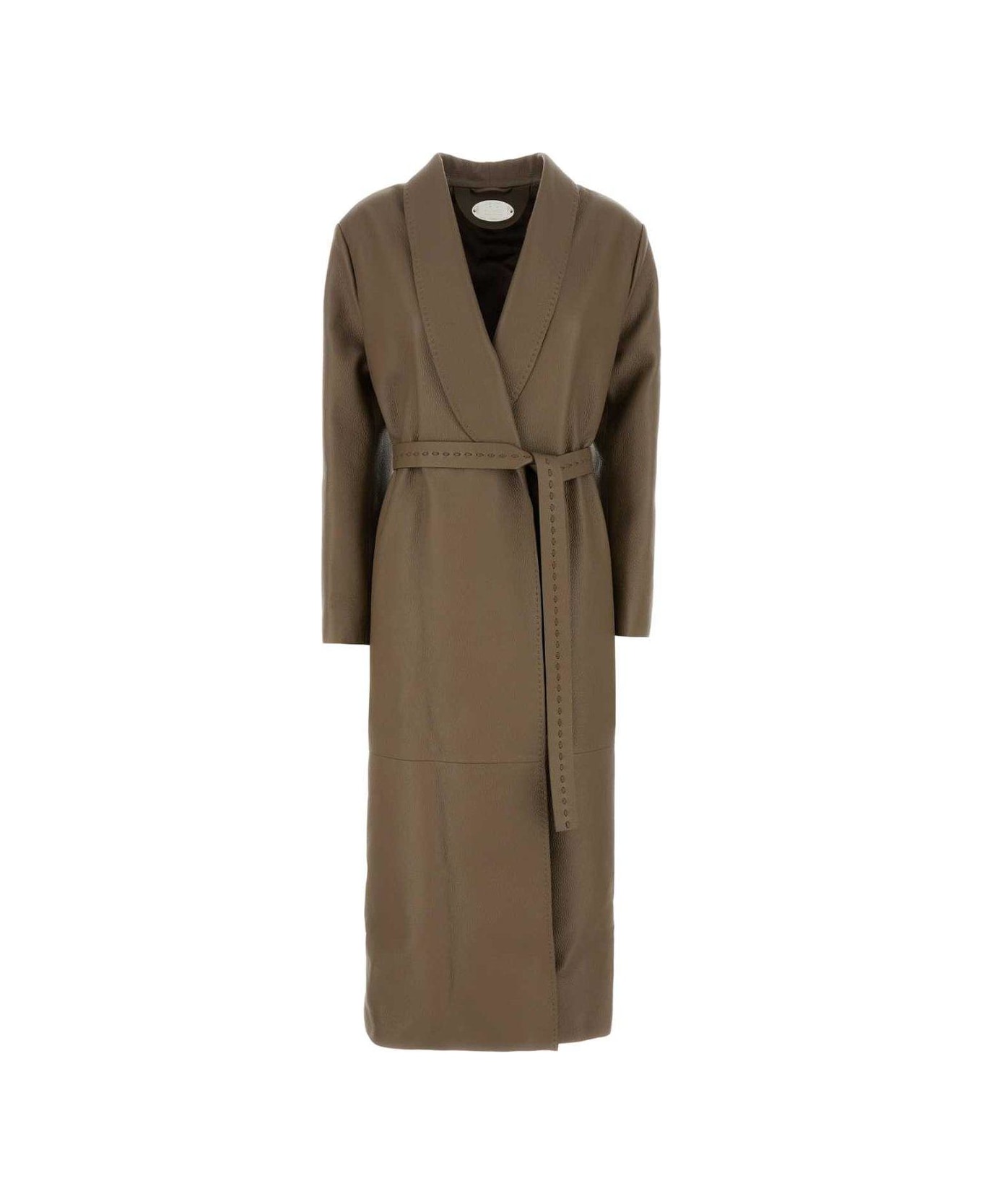 Fendi Belted Waist Leather Coat - BEIGE