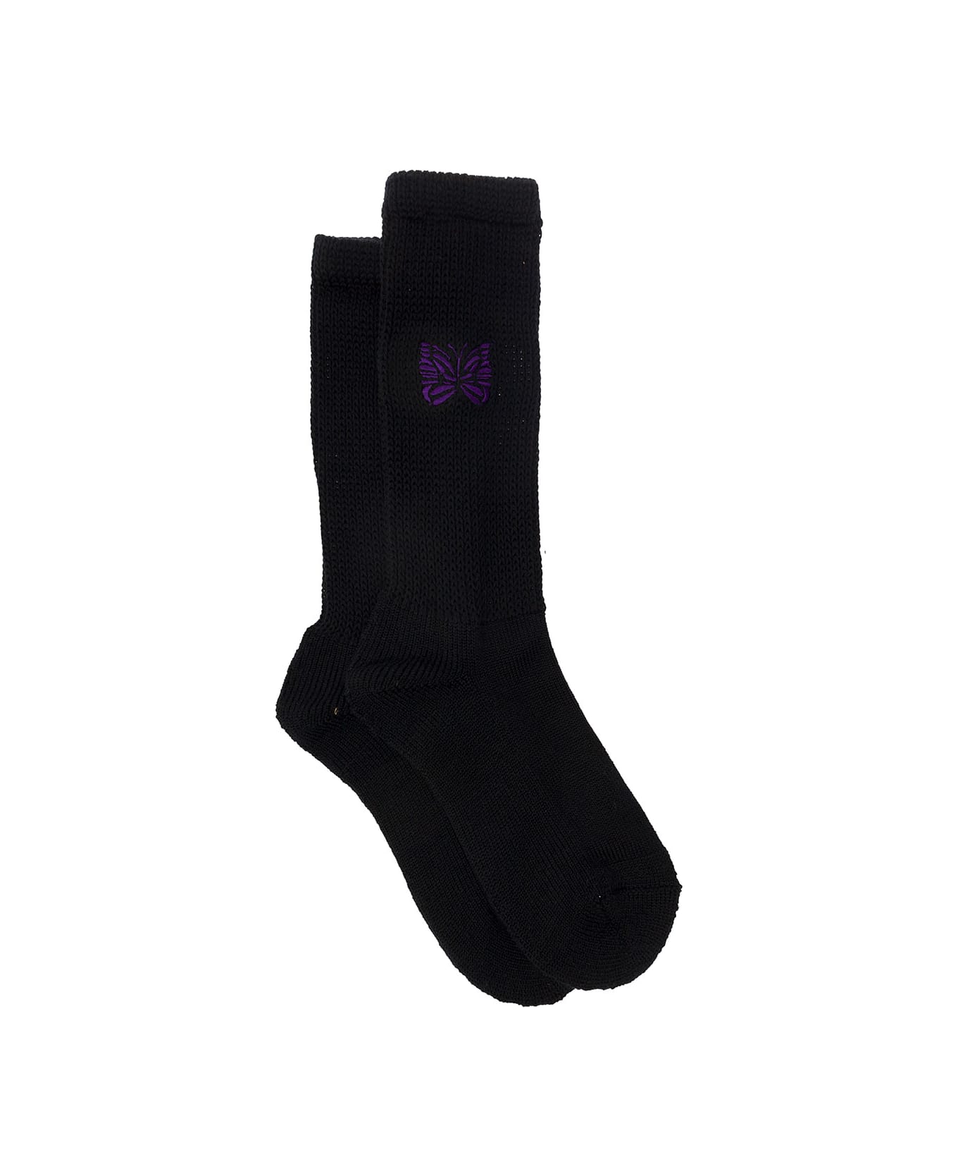 Needles Black High-socks With Jacquard Logo In Wool Blend Man - Black
