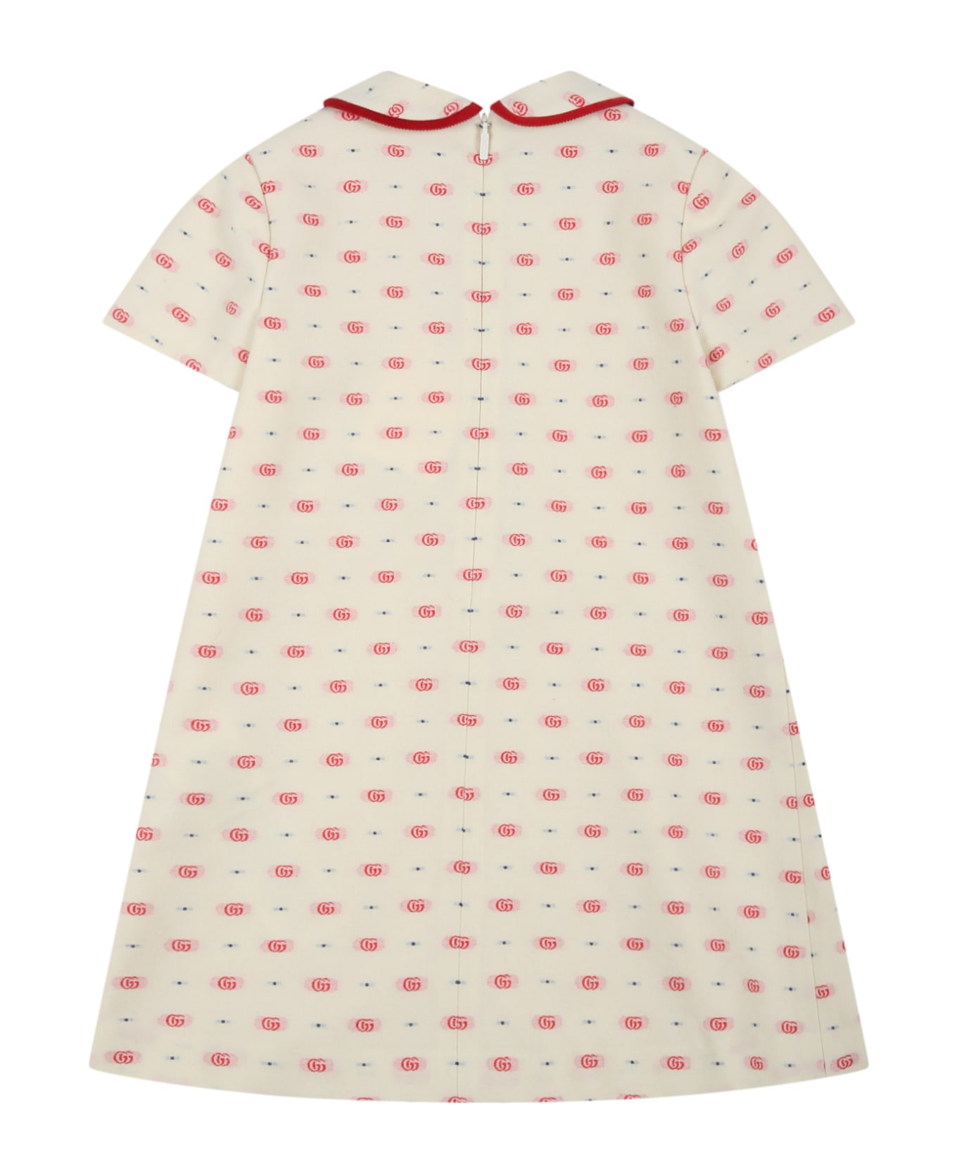 Gucci Ivory Dress For Baby Girl With Double Gg - Cream Red