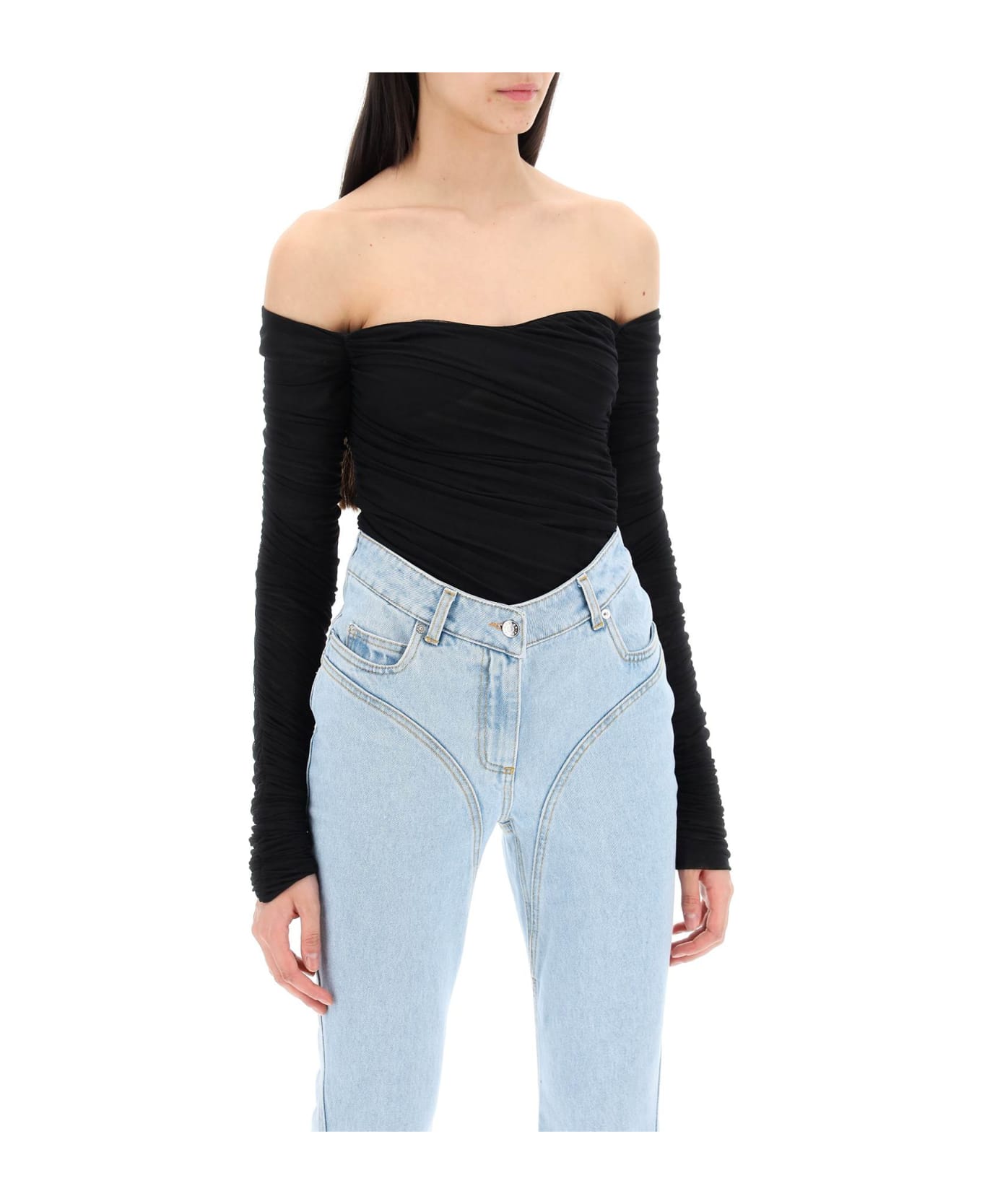 Mugler Off-shoulder Mesh Body - BLACK (Black)