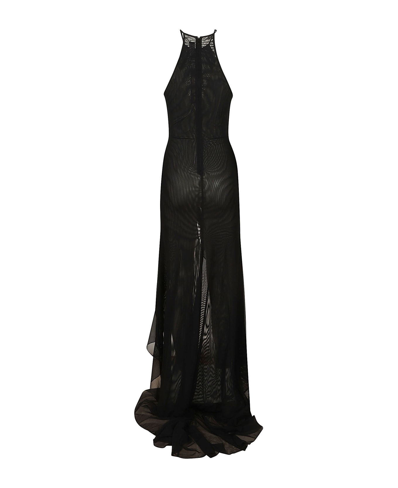 David Koma Ruched Front & Ruffle Hem Detail Mesh Gown - Black