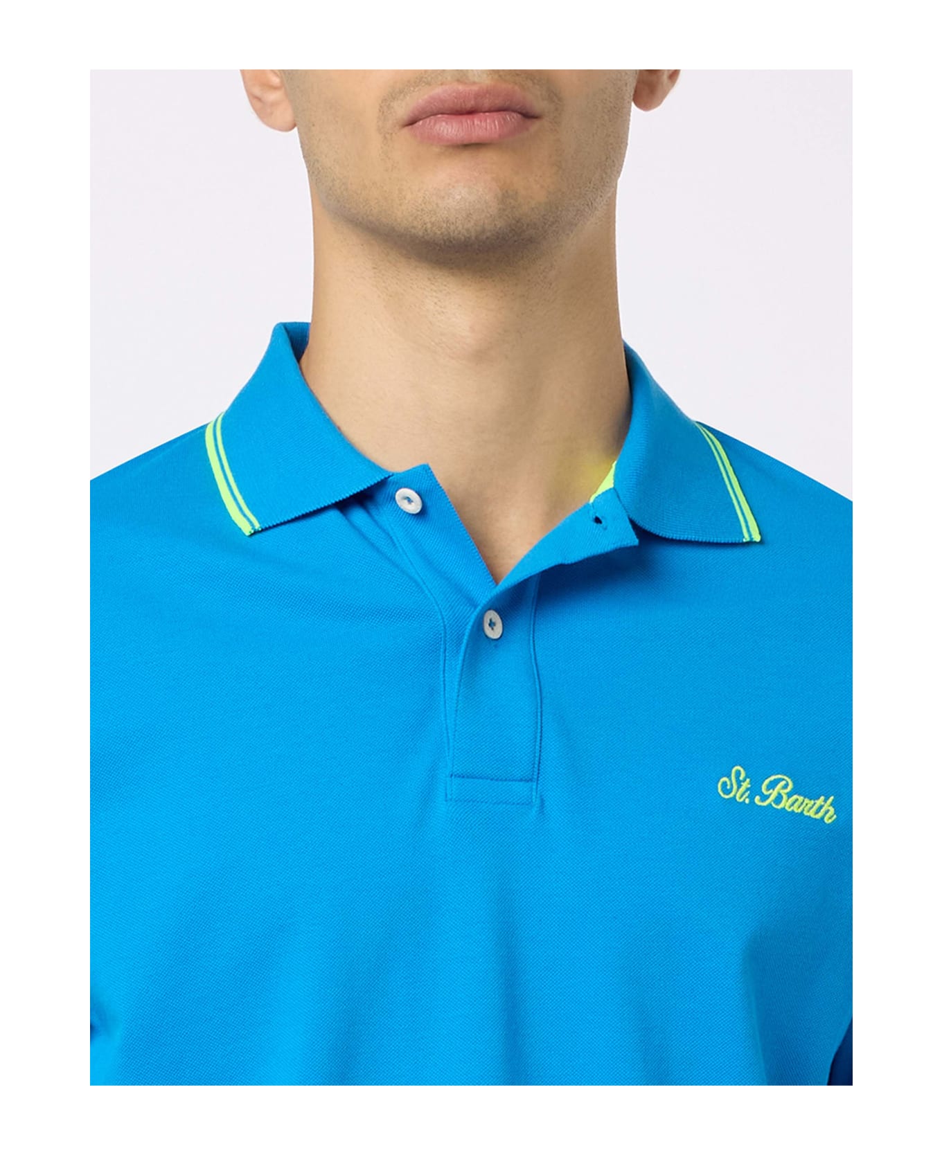 MC2 Saint Barth Man Bluette Cotton Piquet Polo Shirt Beverly Hills With Palm Embroidery - BLUE