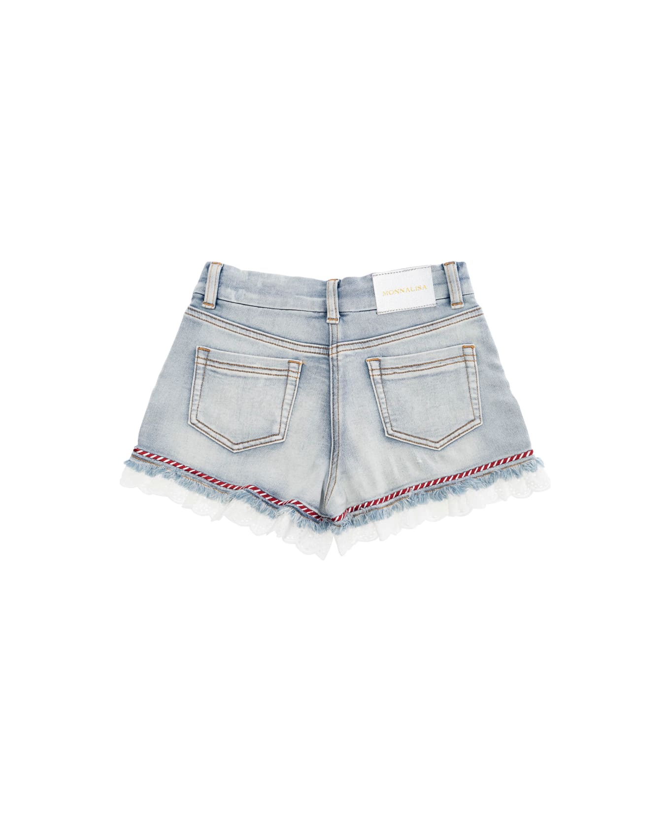 Monnalisa Blue Shorts With Lace Embellishments And Fringed Hem In Denim Girl - Blu