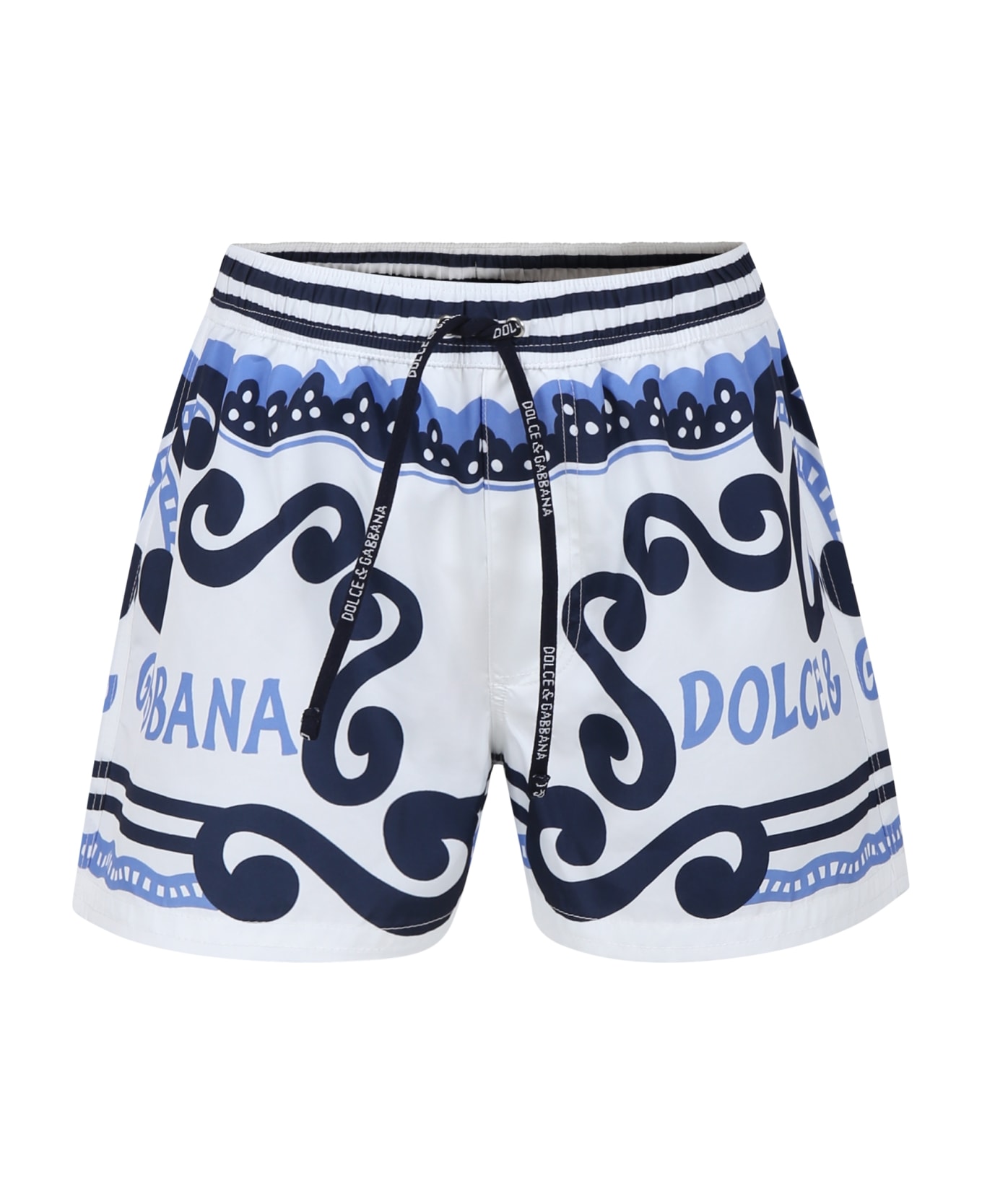 Dolce & Gabbana White Swimsuit For Boy With Bandana Print And Logo - White