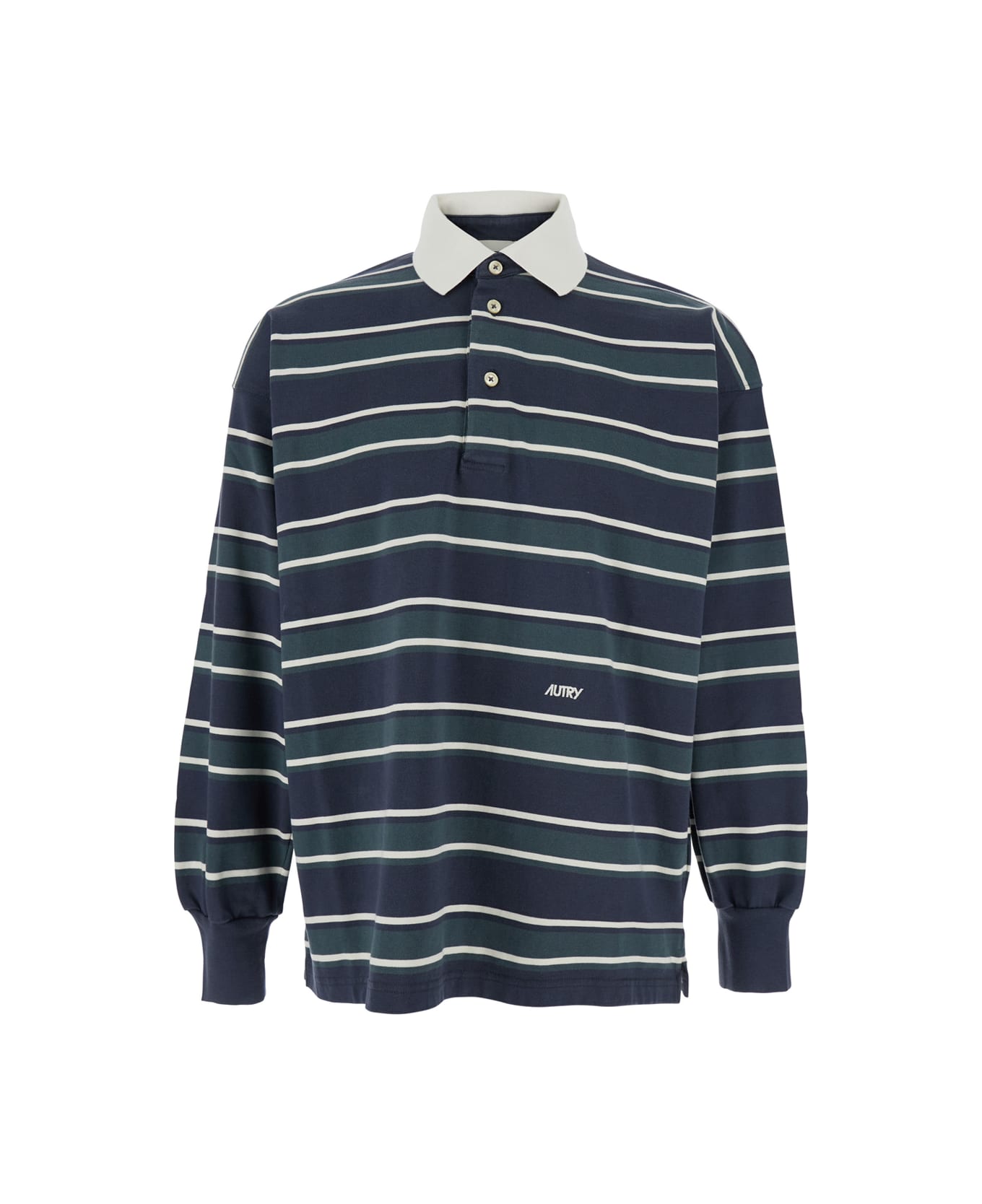 Autry Blue Polo Shirt With Classic Collar And All-over Striped Motif In Cotton Man - Blu
