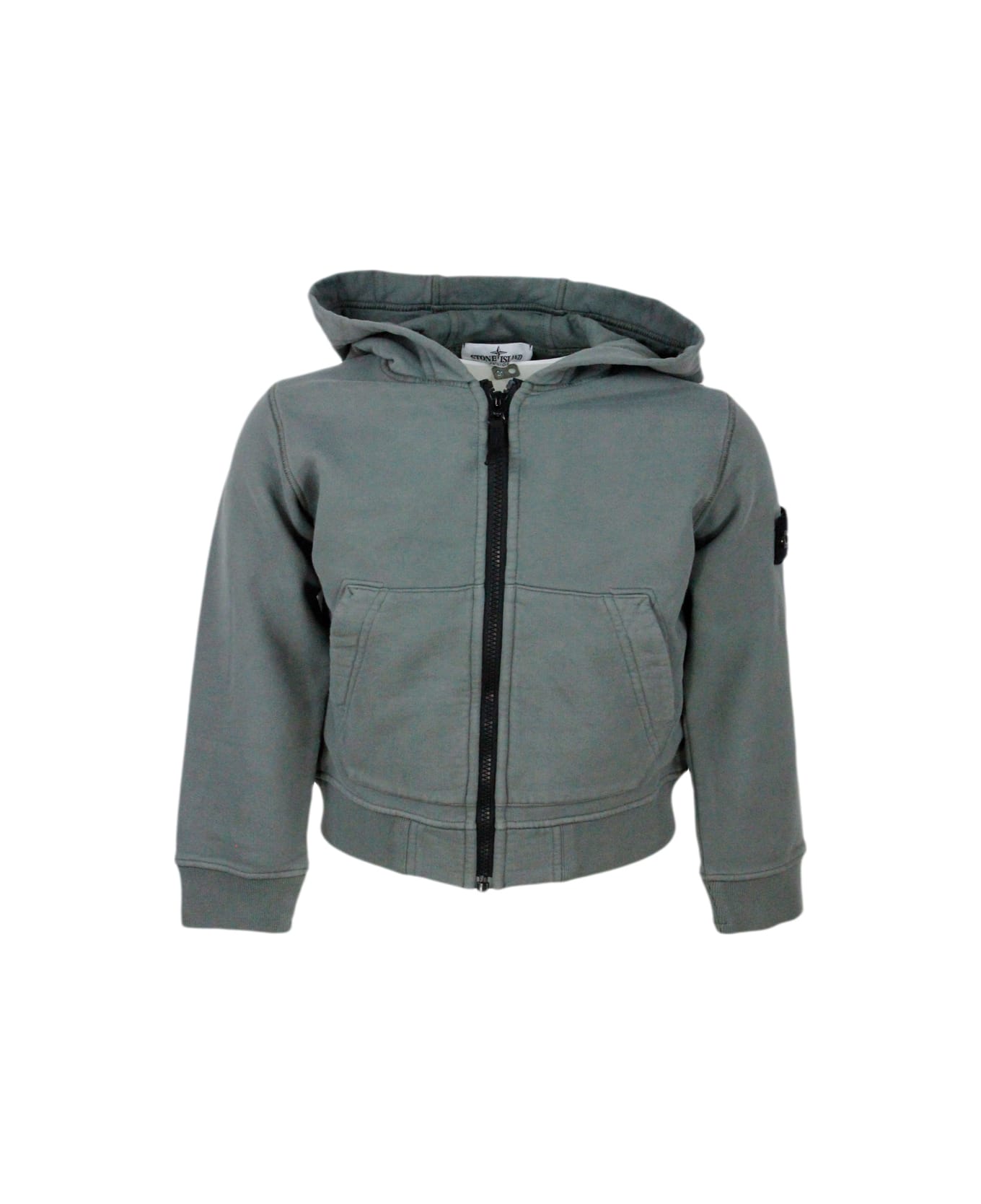 Stone Island Full Zip Hoodie With Long Sleeves In Stretch Cotton With Badge On The Left Sleeve - Grey