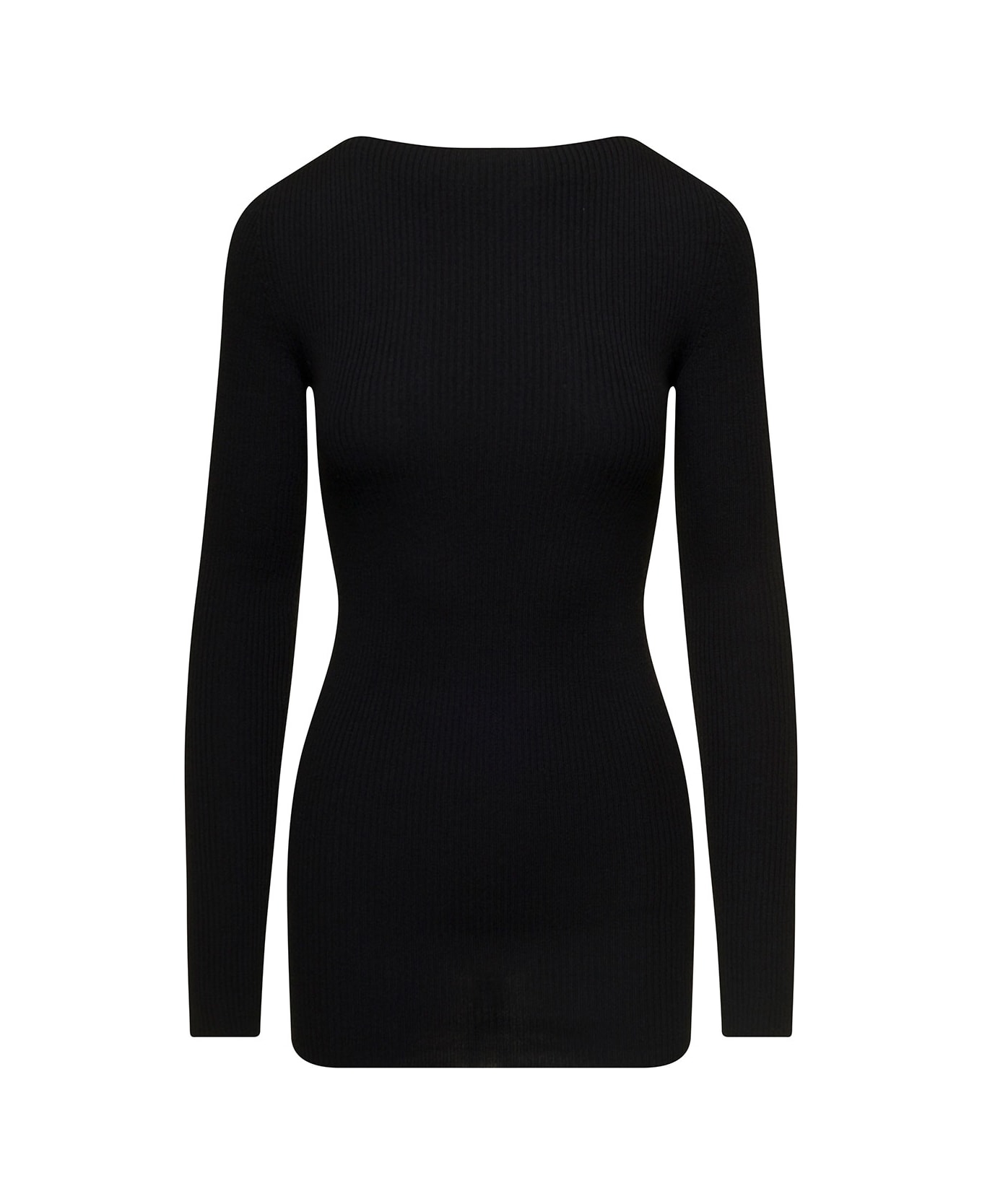 Rick Owens Long Black Ribbed Top With Round Cut-out In Wool Woman - Black ニットウェア