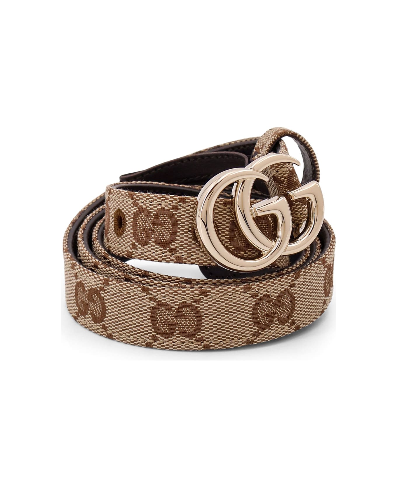 Gucci Gg Supreme Fabric And Leather Belt - Beige