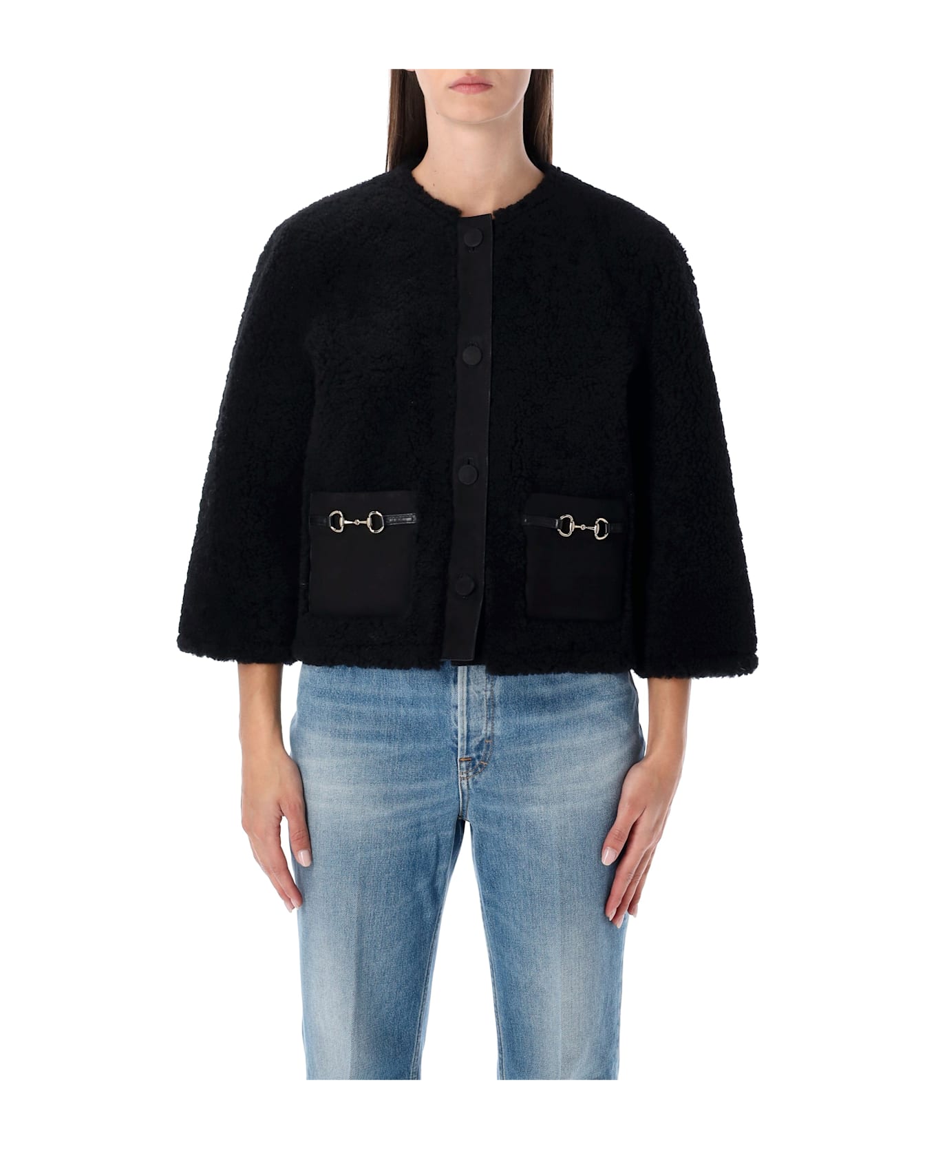 Gucci Shearling Jacket With Horsebit Details - BLACK