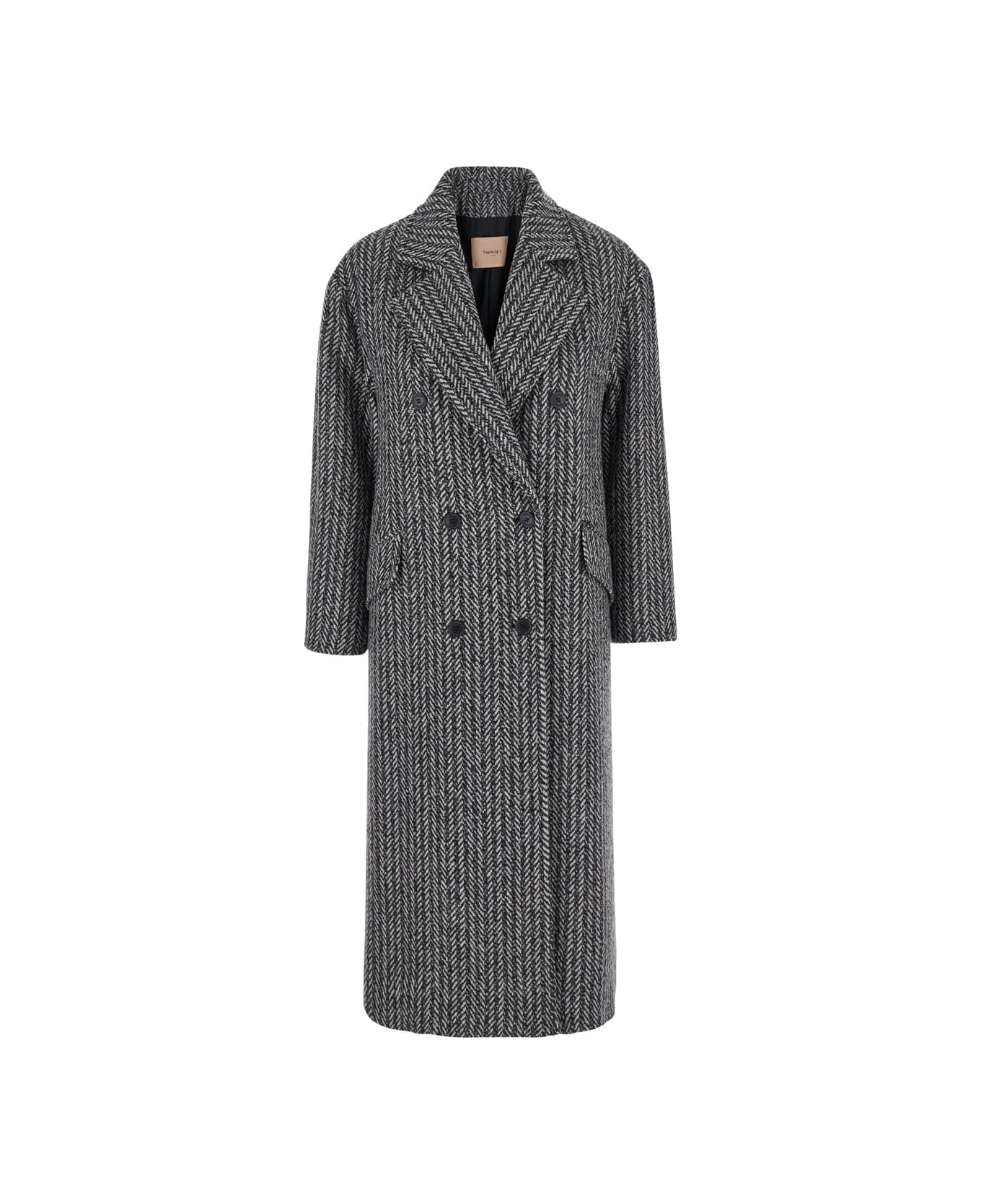 TwinSet Grey Double-breasted Coat With With Fishbone Motif In Wool Blend Woman - Grey