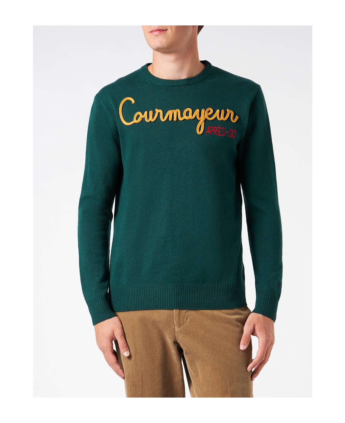 MC2 Saint Barth Man Crewneck Sweater With Courmayeur Après Ski Embroidery - GREEN
