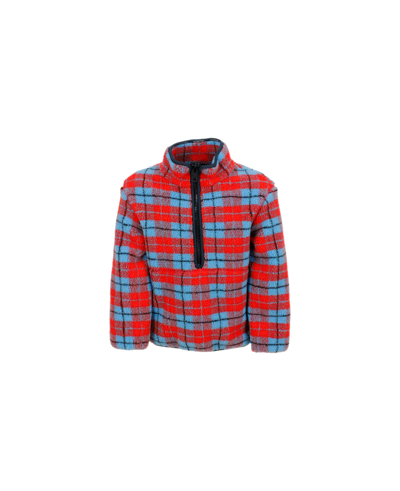Burberry Jacket Made Of Cotton Fleece With Tartan Motif In Bright Colors And Half Zip Closure - Red