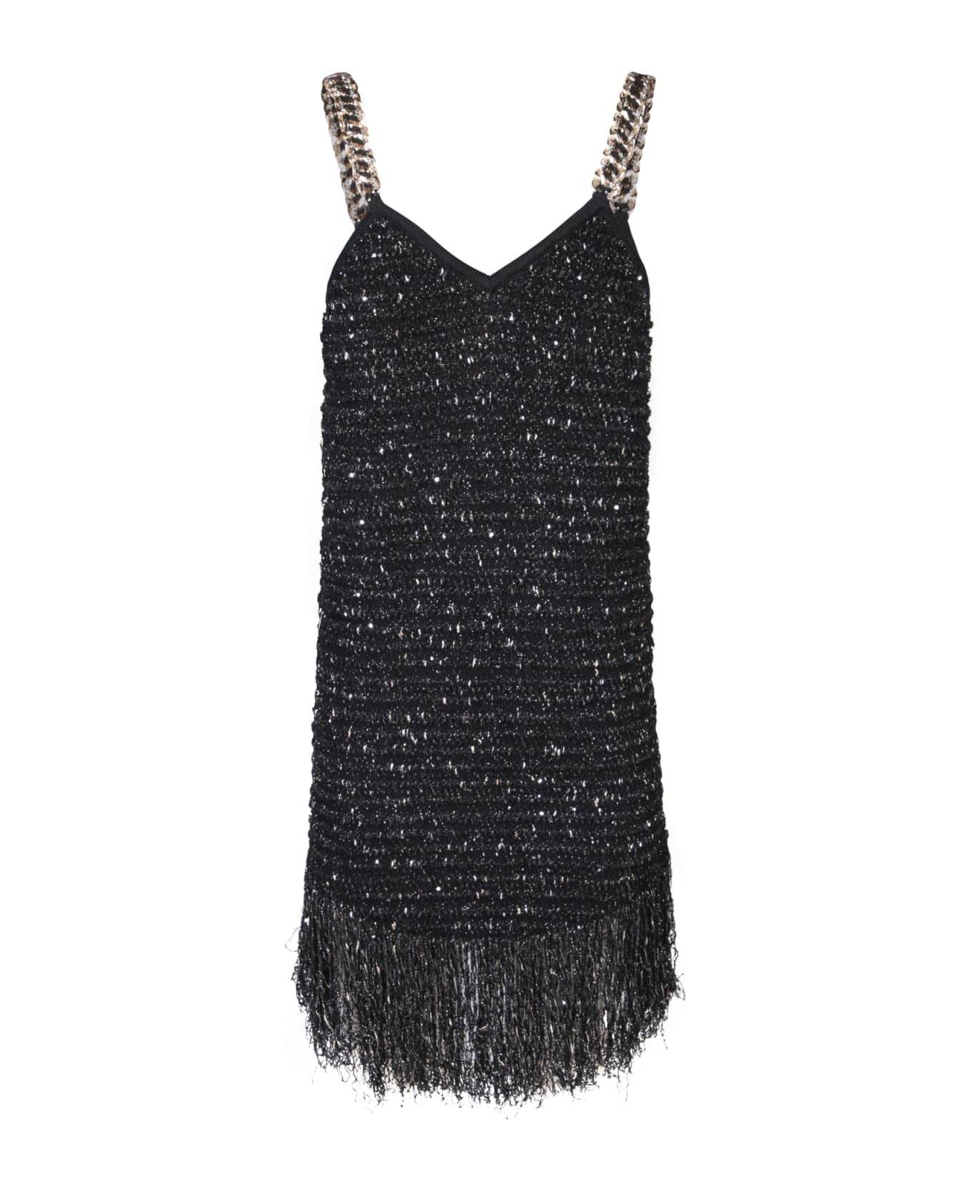 Balmain Black Tweed Mini Dress With Fringes - Black