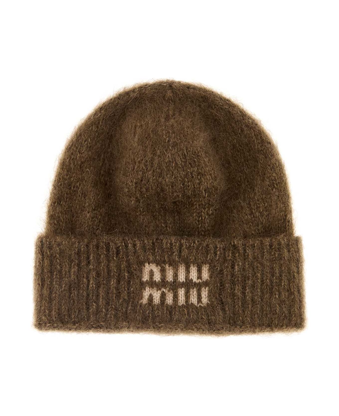 Miu Miu Brown Mohair Blend Beanie Hat - TABACCO