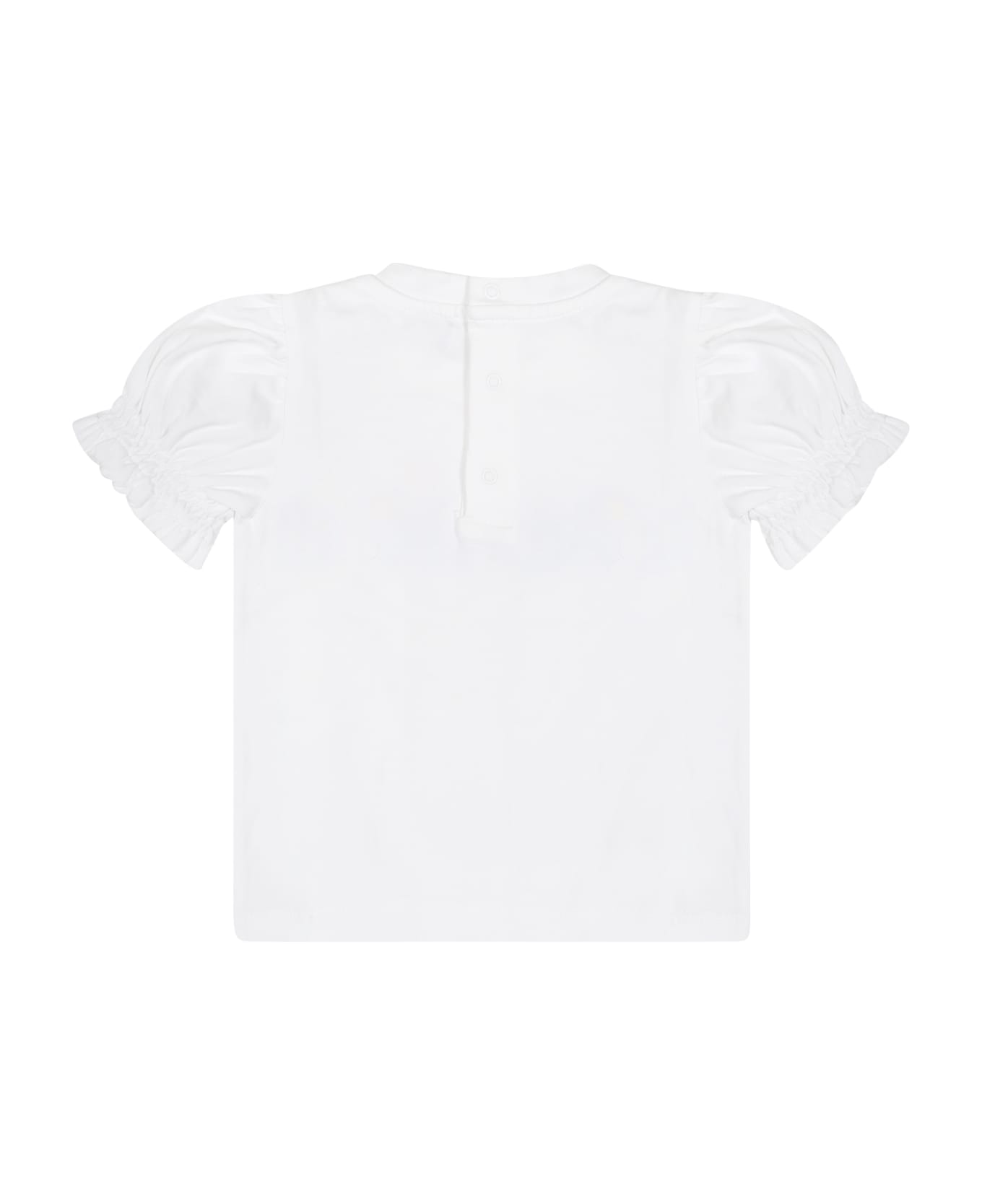 Moschino White T-shirt For Baby Girl With Logo And Flowers - White