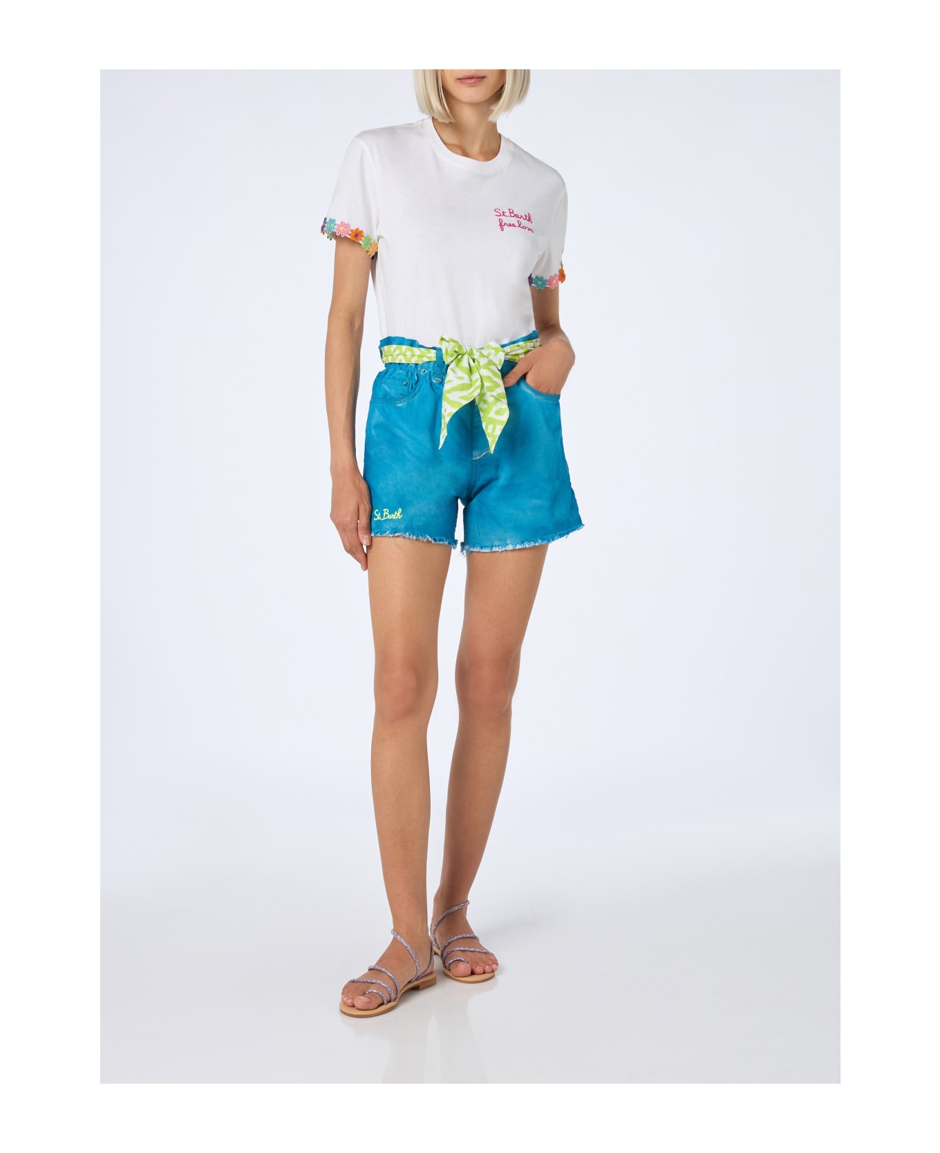 MC2 Saint Barth Woman Upcycled Turquoise Denim Shorts Arizona With Embroidery - BLUE