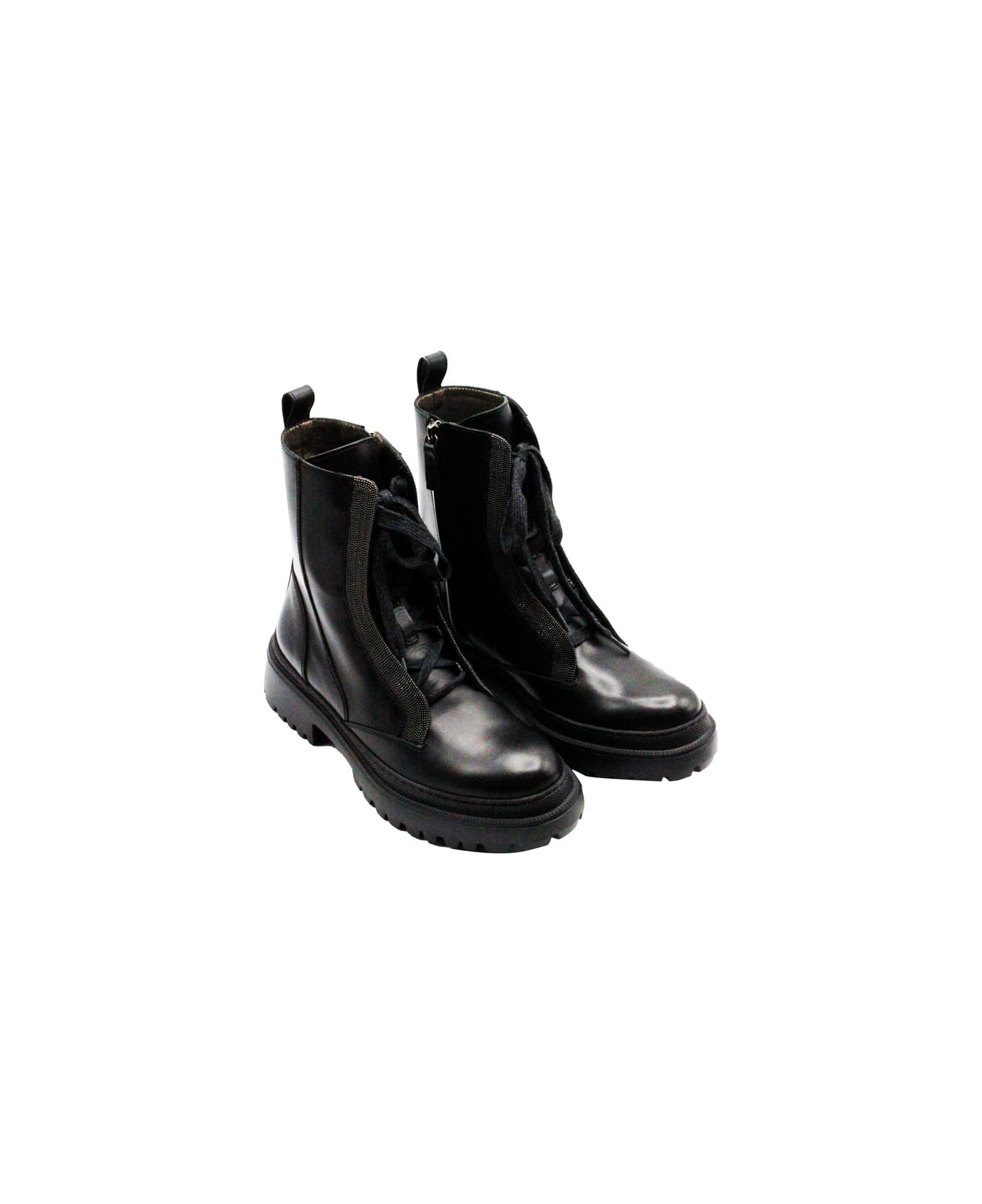 Brunello Cucinelli Amphibious Ankle Boot In Leather With Side Zip And Jewels On The Side Band Of The Laces - Black ブーツ