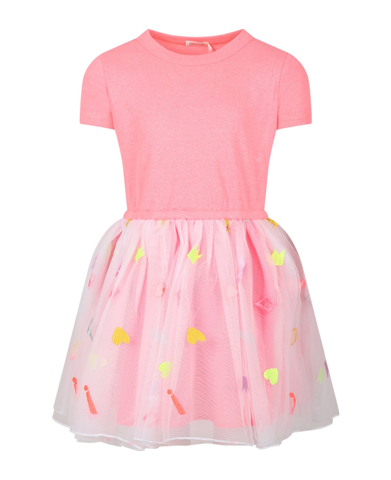 Billieblush Fuchsia Dress For Girl With Tulle And Multicolor Embroidery - Fuchsia