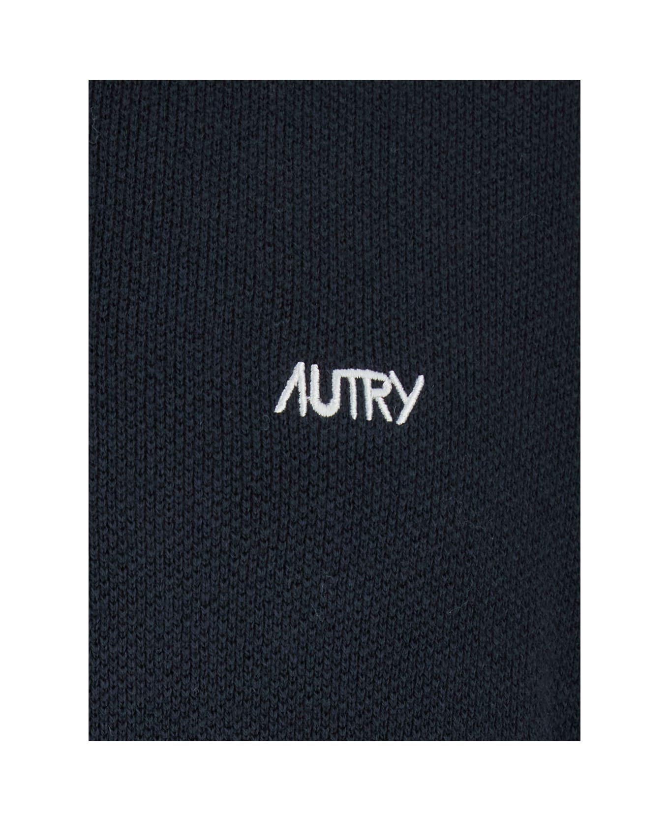 Autry Blue Long-sleeve Polo Shirt With Striped Collar And Logo Lettering Embroidery On The Front In Wool And Cotton Blend Man - Blu
