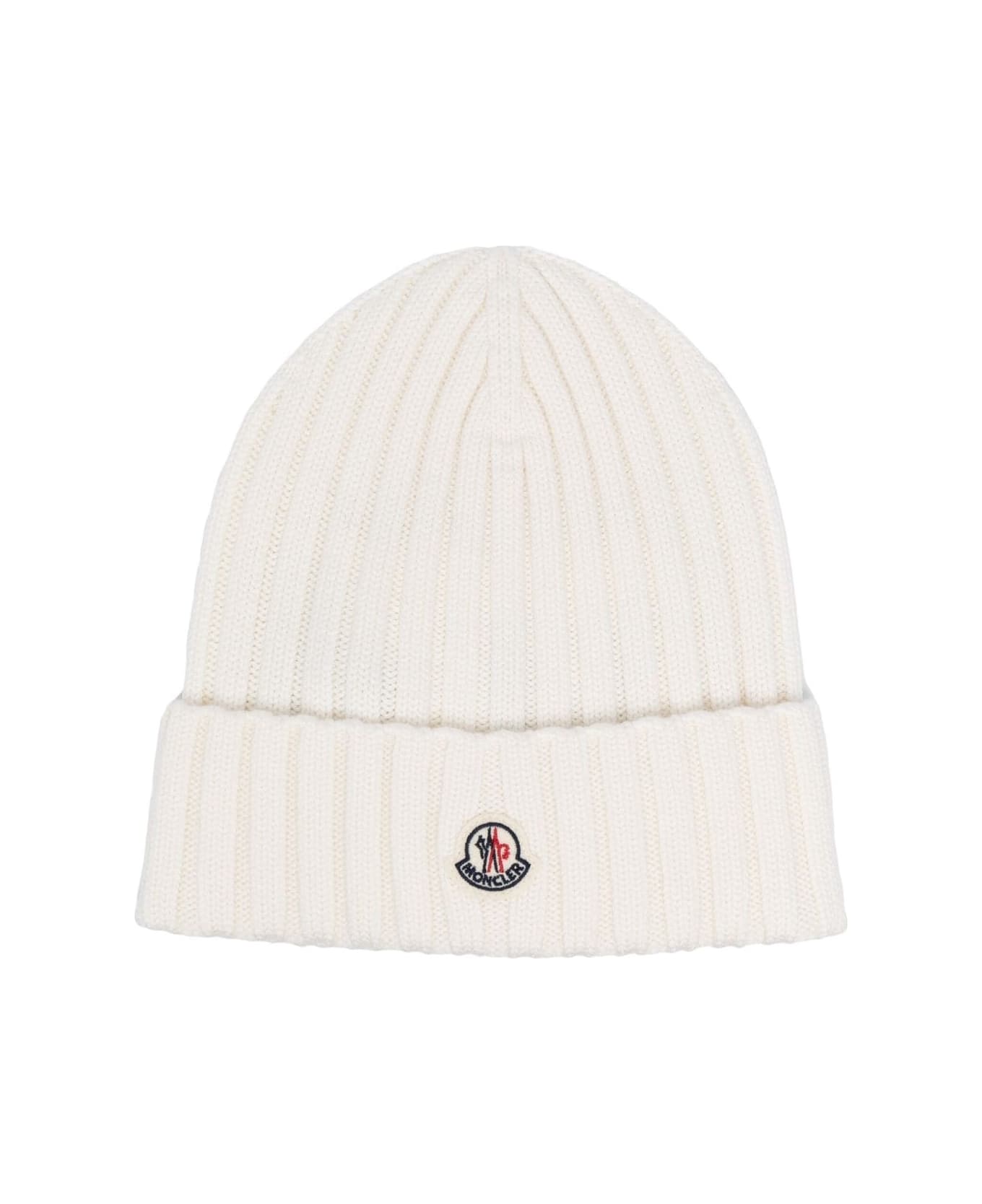 Moncler White Wool Beanie With Logo Patch - Bianco