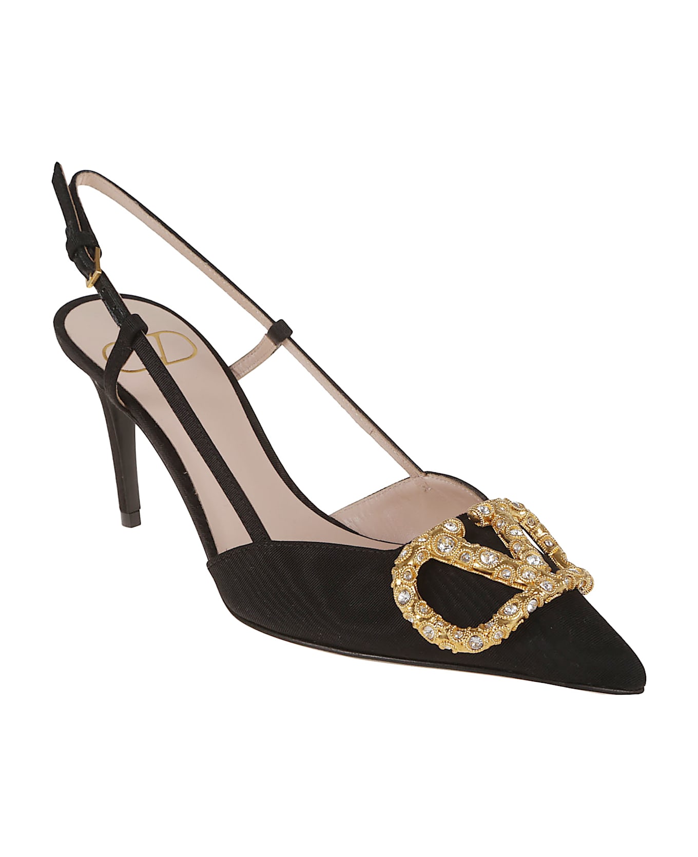Valentino Garavani Sling Back Vlogo Signature T. 80 Vintage Brass Logo Jewel - Edm Nero Crystal