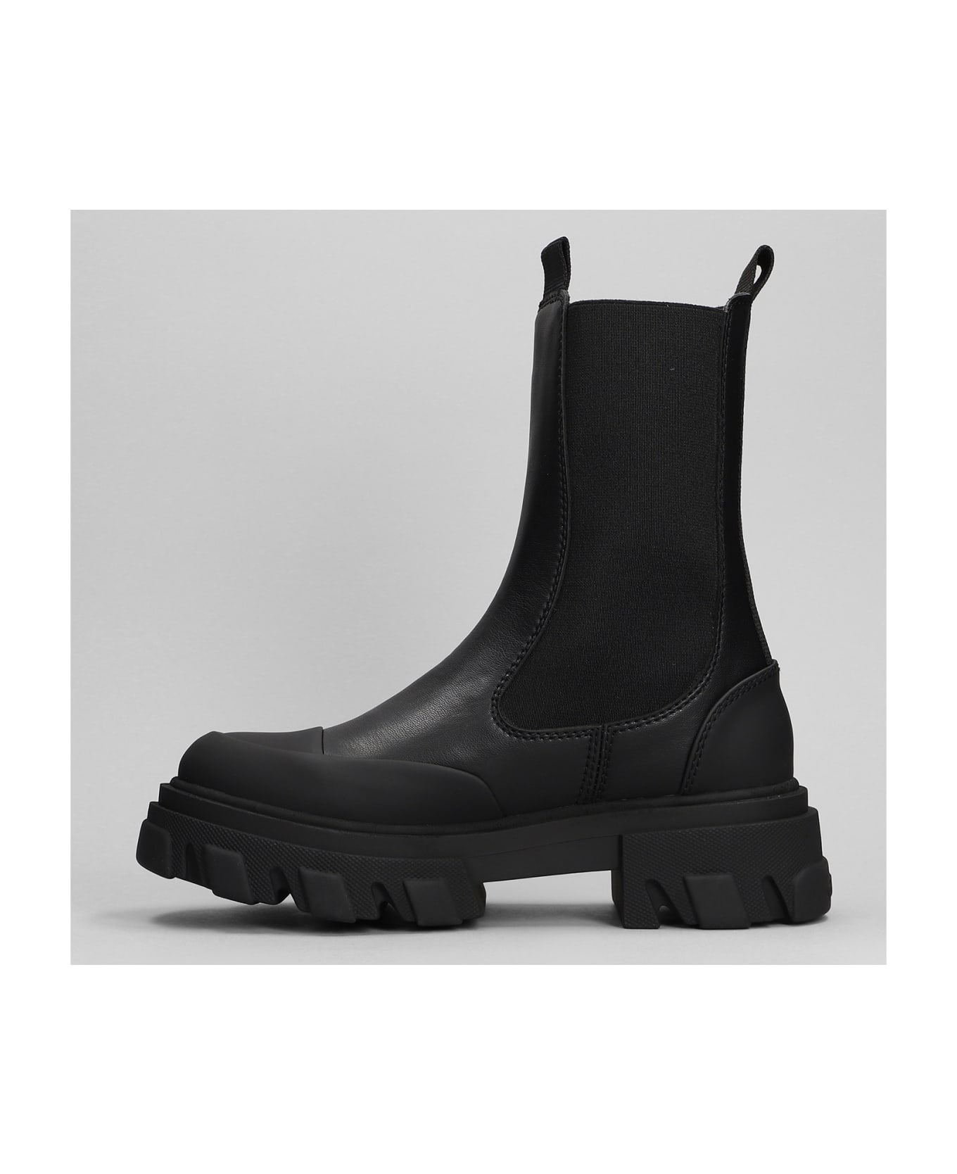 Ganni Combat Boots In Black Leather - Nero