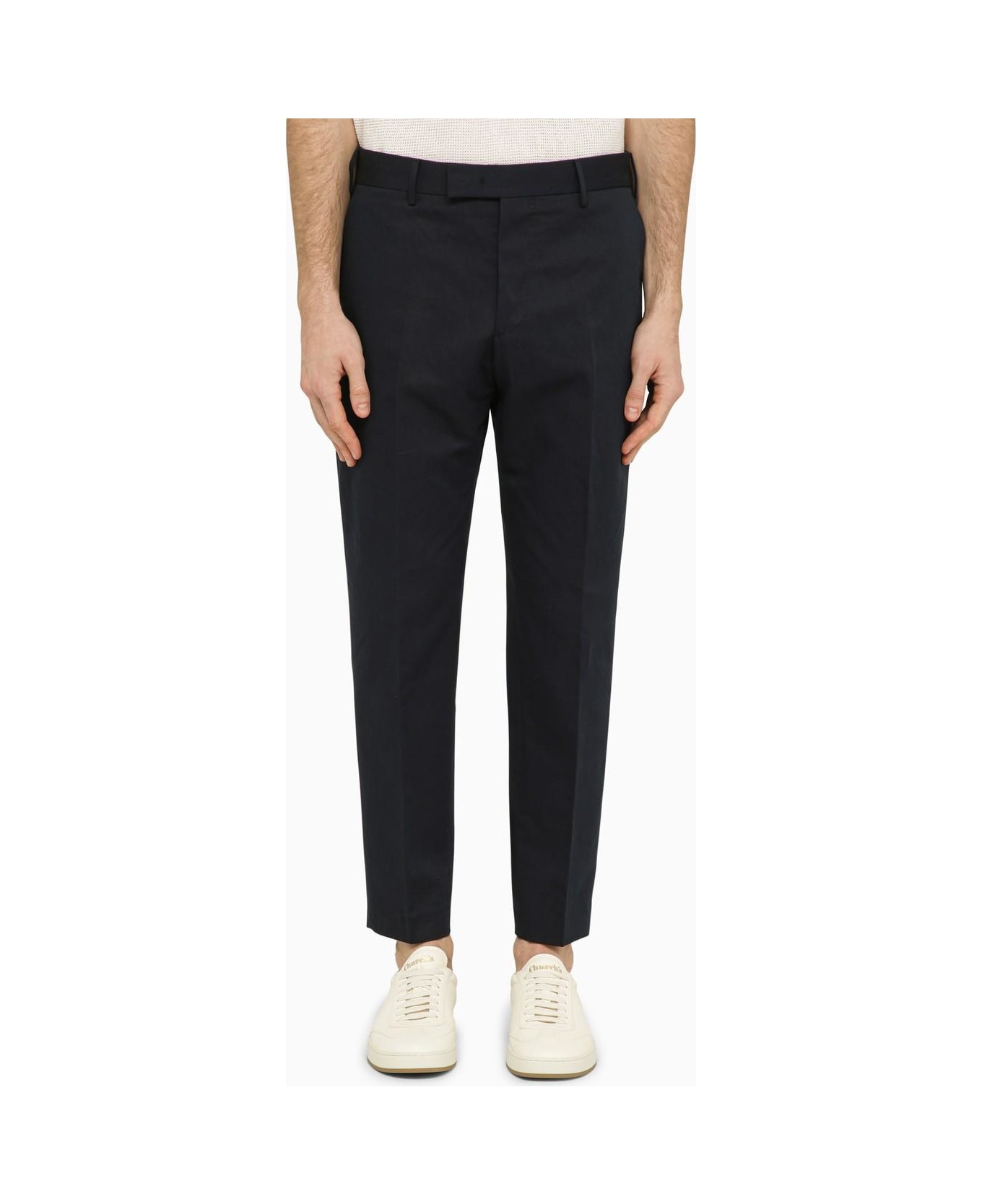 PT01 Navy Blue Slim Trousers In Cotton And Linen - Blu