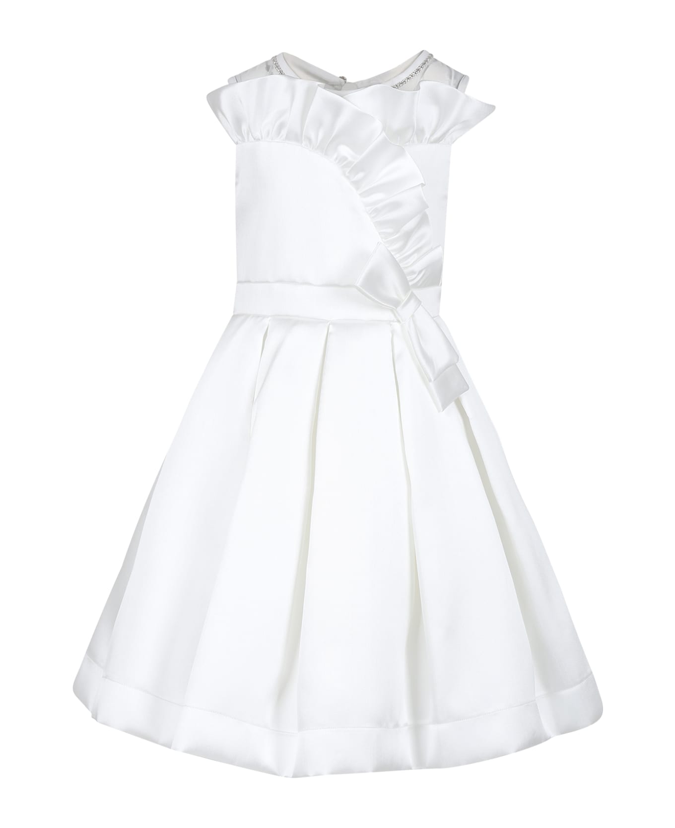 Monnalisa Ivory Dress For Girl With Rhinestones - Ivory ワンピース＆ドレス