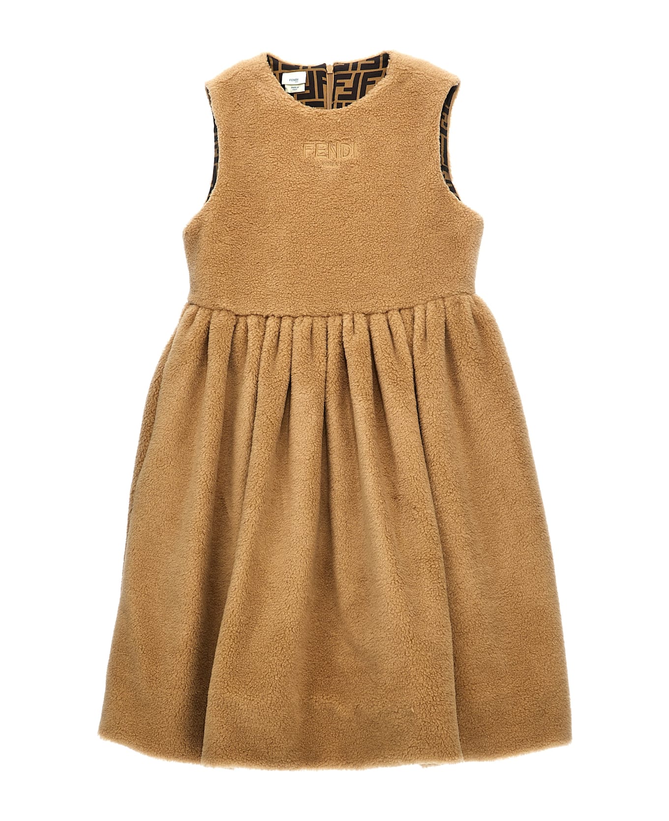 Fendi Faux Fur Logo Embroidery Dress - Beige