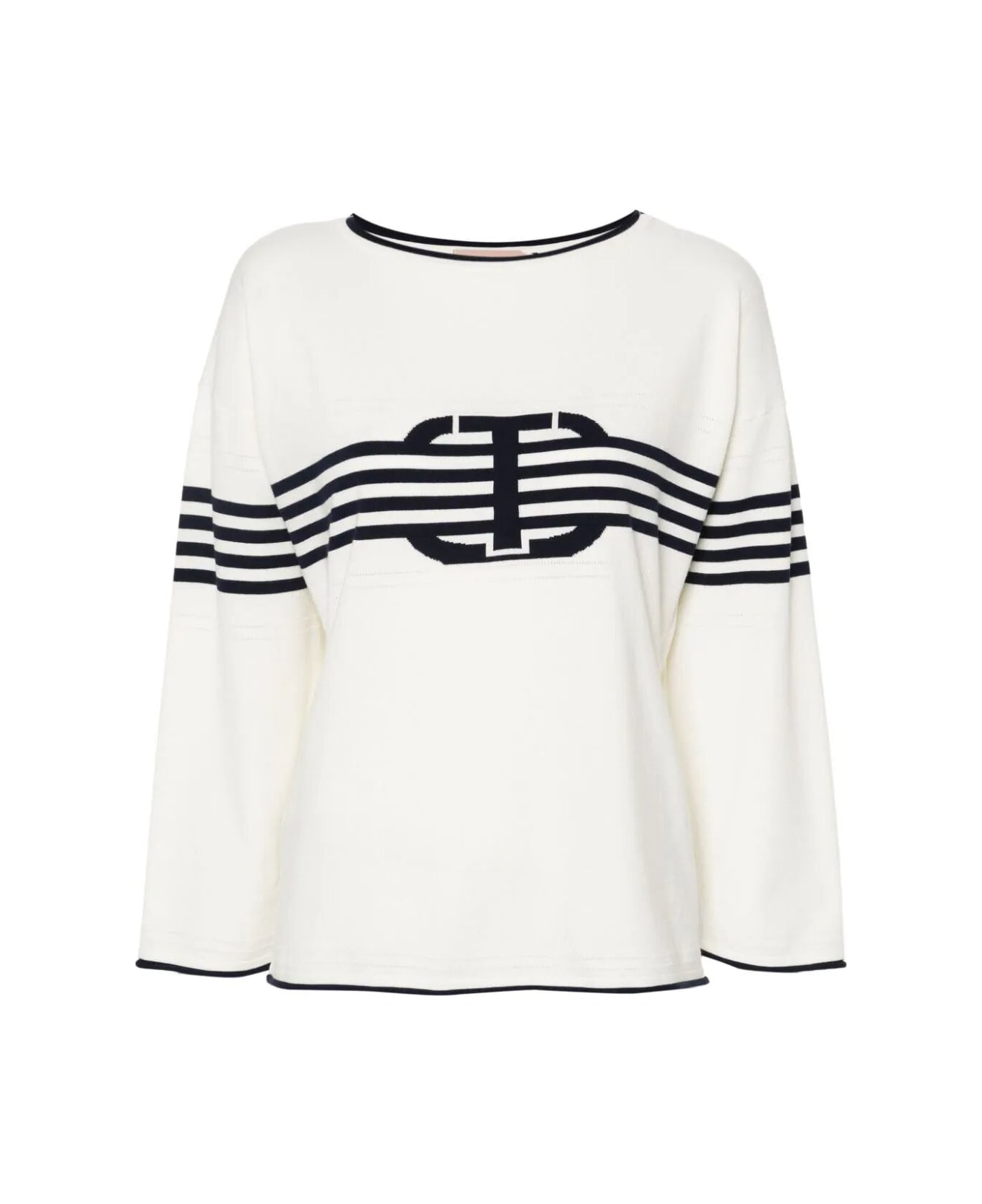 TwinSet Long Sleeves Boat Neck Striped Sweater With Logo - Bic Snow Mid Blue