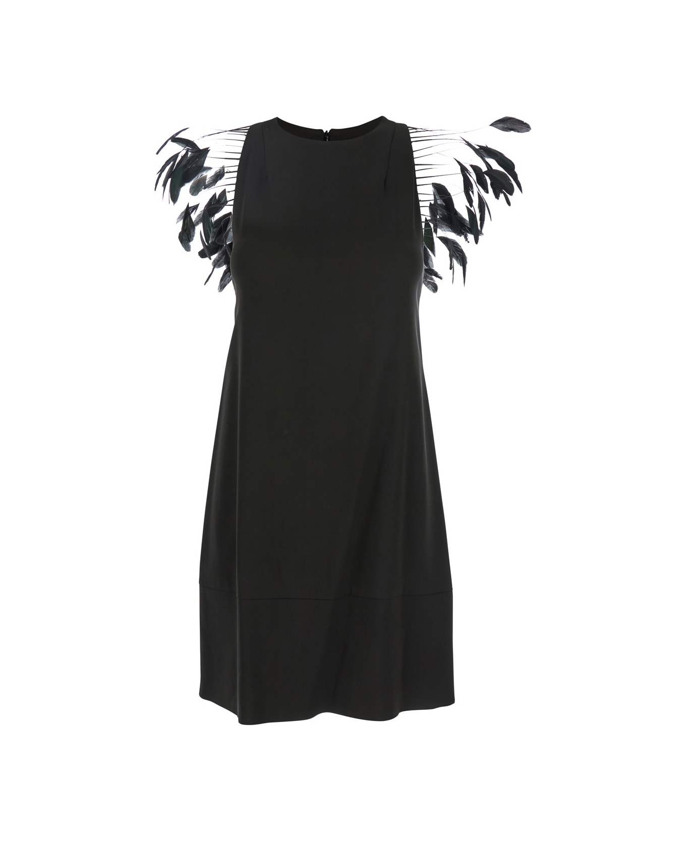 Merci Black Dress With Round Neckline And Feather Decorations In Fabric Woman - Black