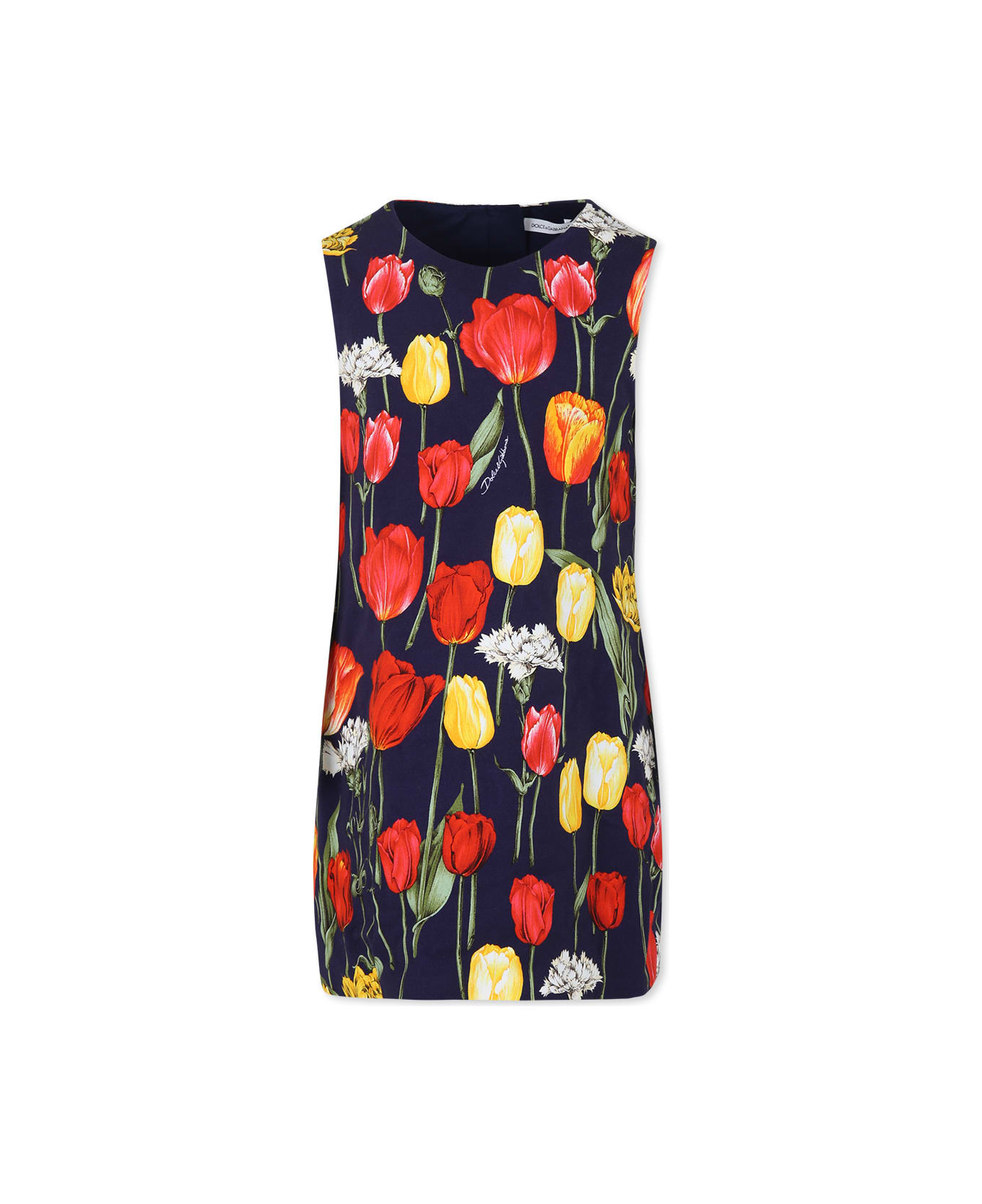 Dolce & Gabbana Blue Dress For Girl With Tulip Print - Blue