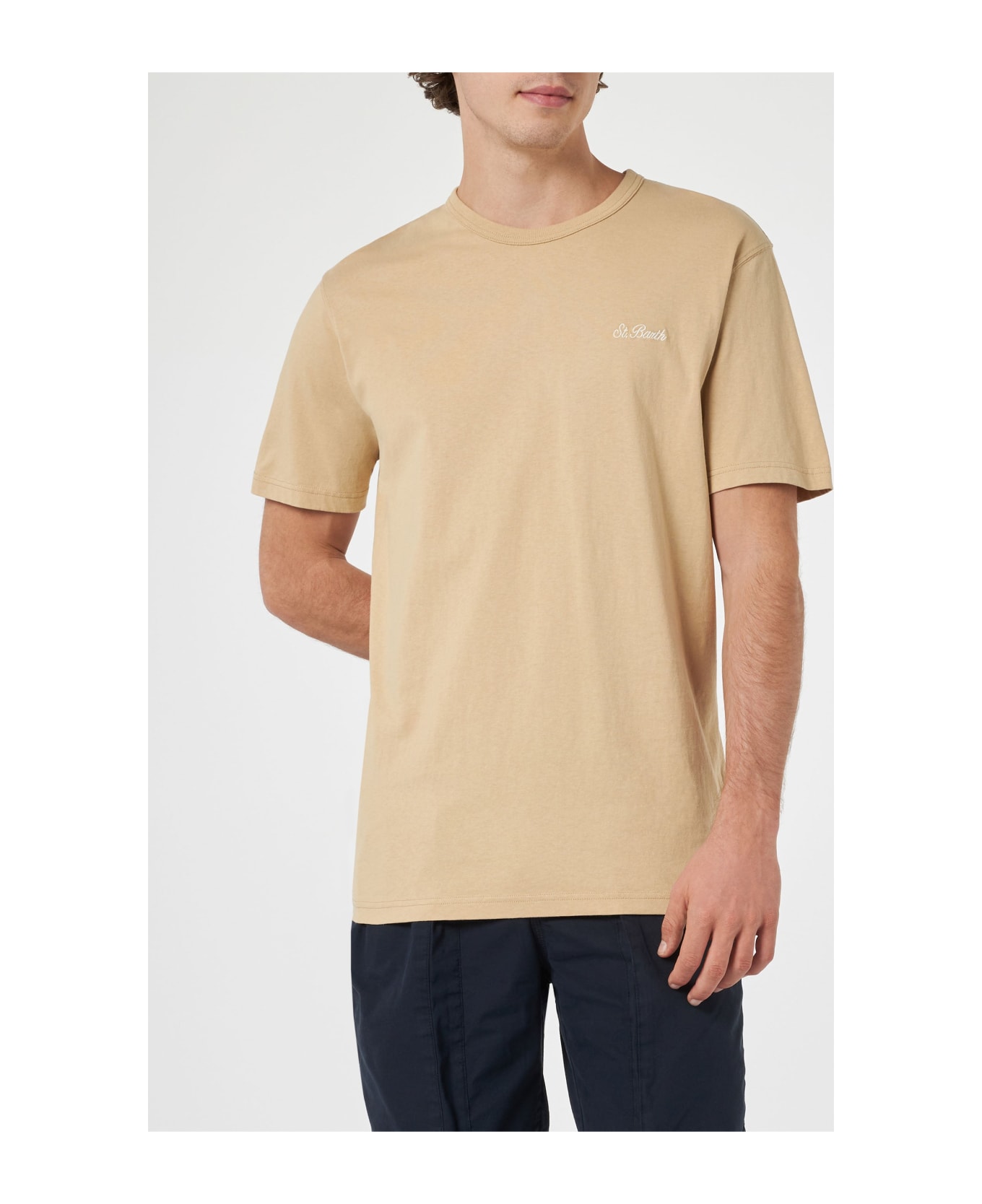 MC2 Saint Barth Man Beige Cotton Jersey T-shirt Dover With St. Barth Embroidery - WHITE