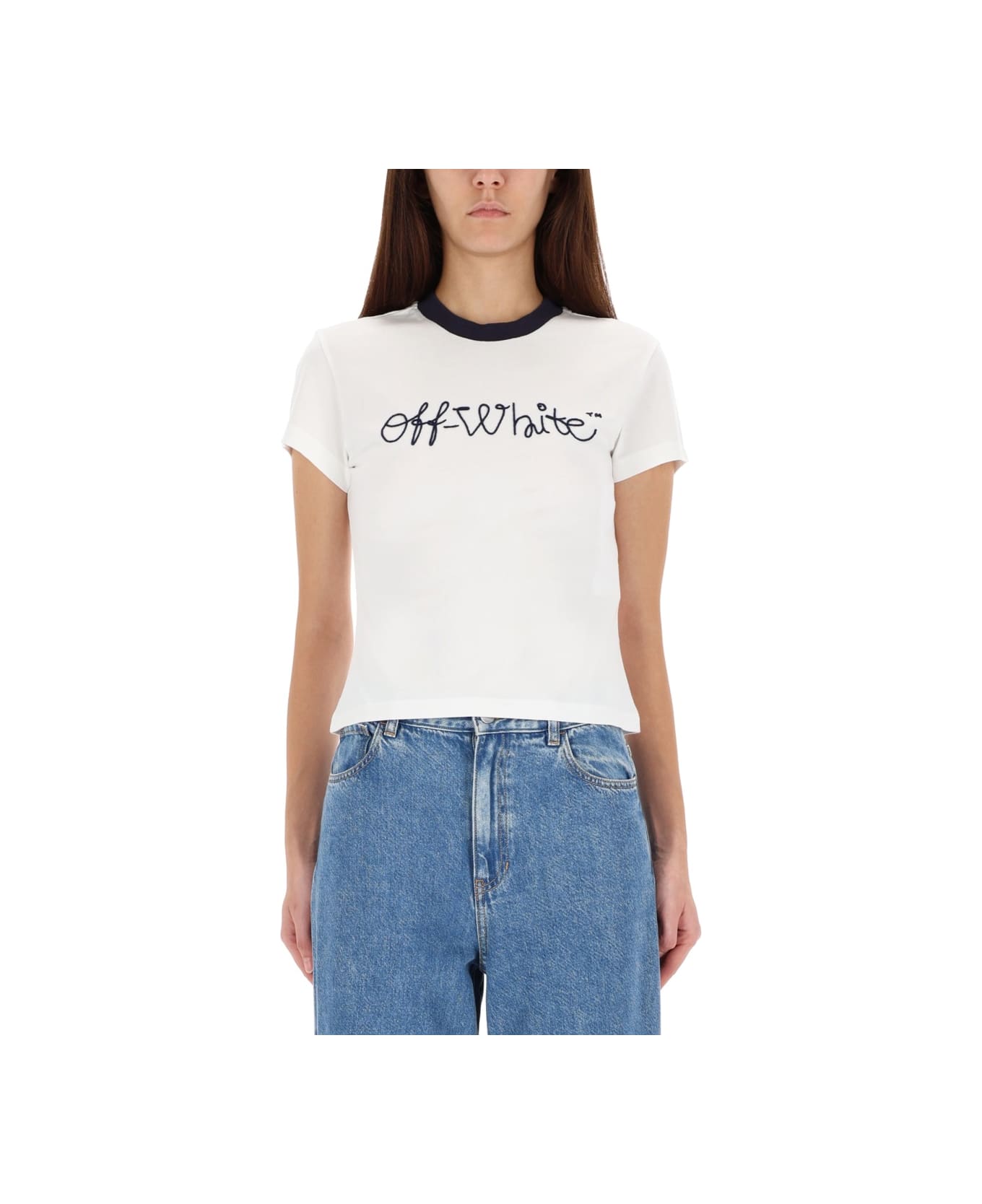 Off-White T-shirt With Embroidered Logo - WHITE
