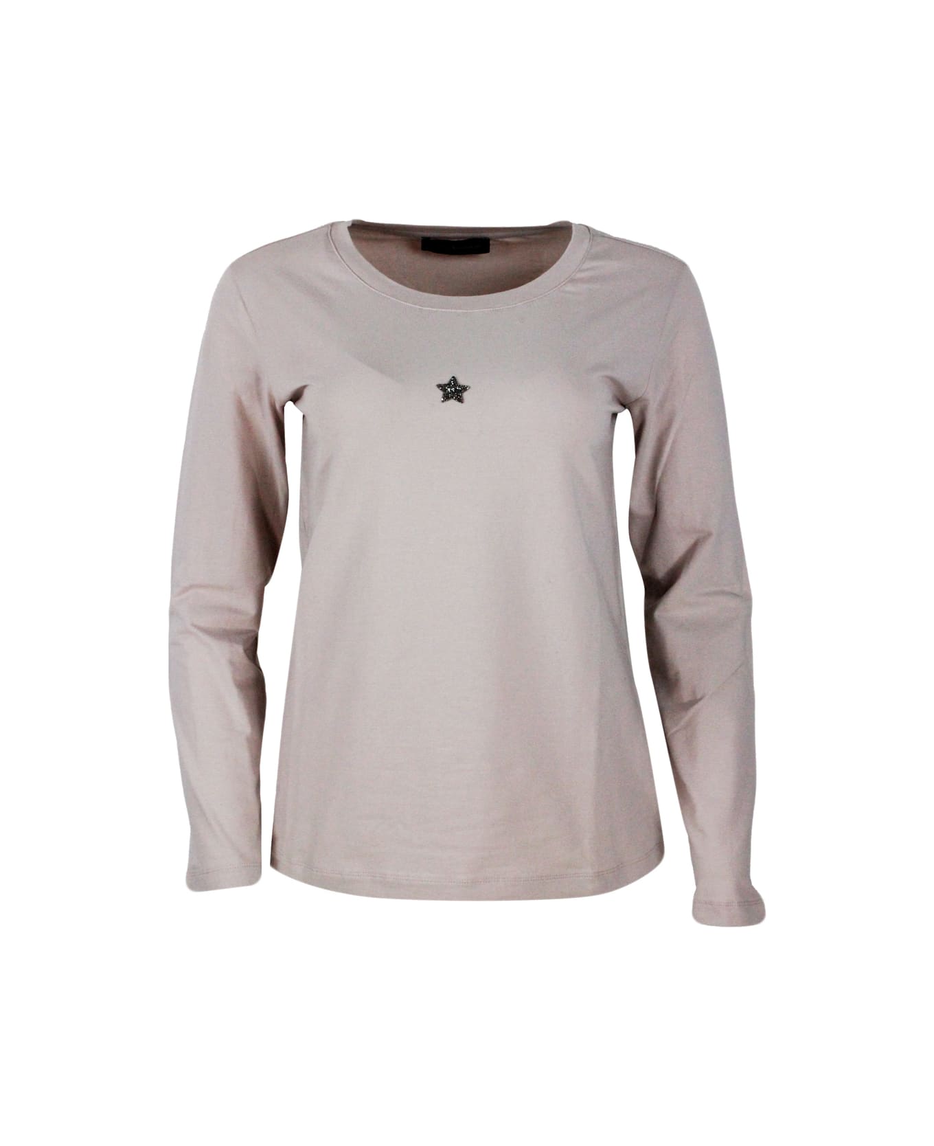 Lorena Antoniazzi Long-sleeved Crew-neck T-shirt In Stretch Cotton With Swarosky Star On The Chest - Pink