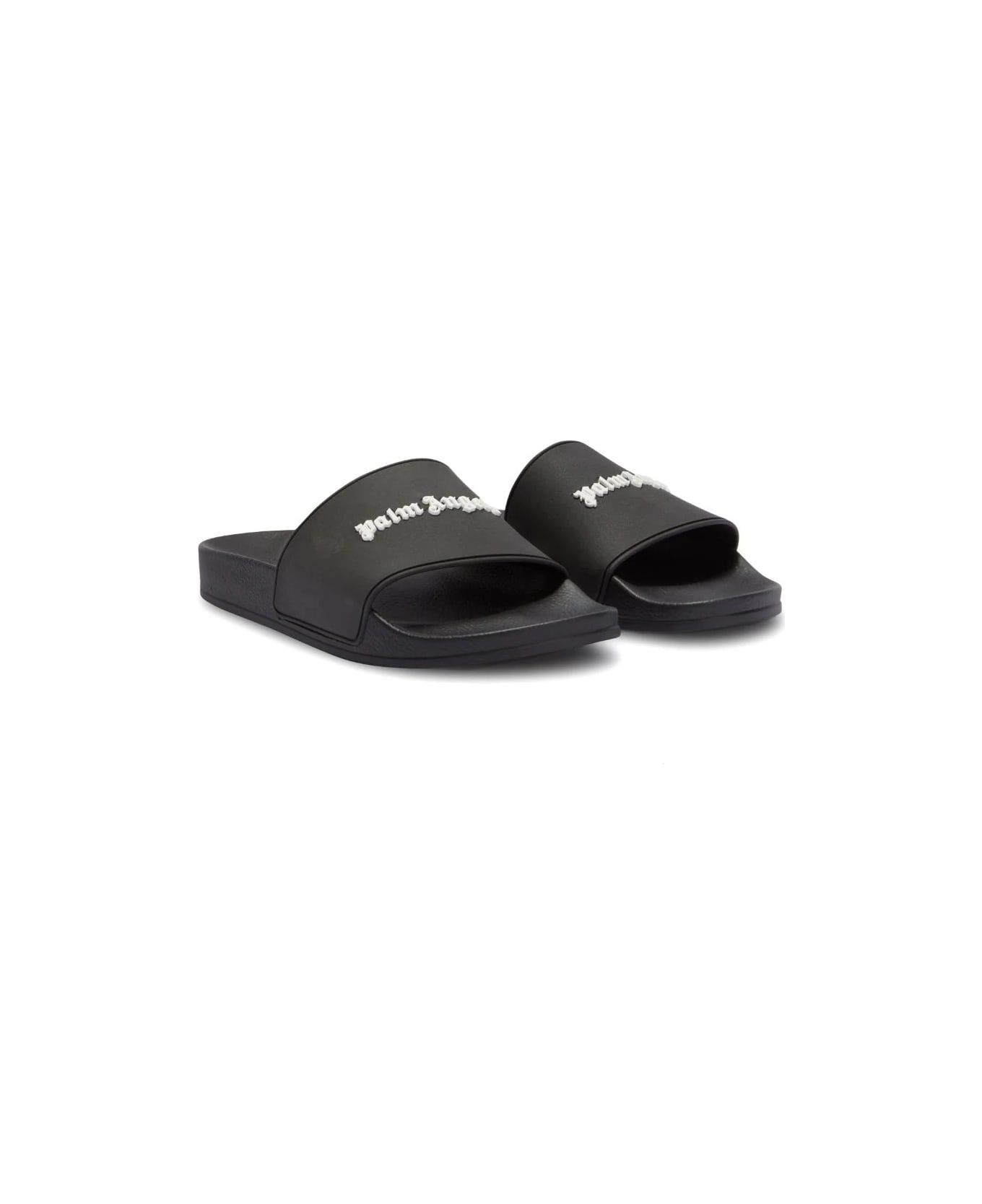 Palm Angels Black Slippers With White Logo - Black