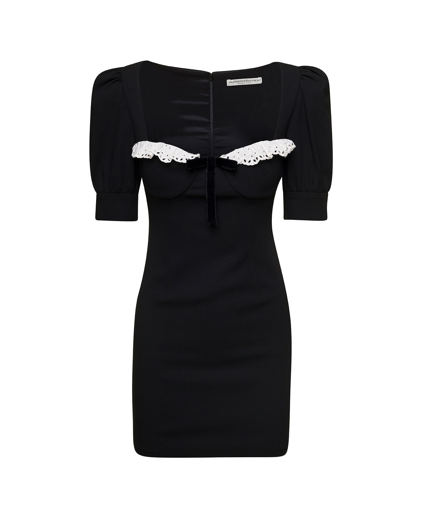 Alessandra Rich Black Mini Dress With Lace Detail On The Front In Wool Woman - Black