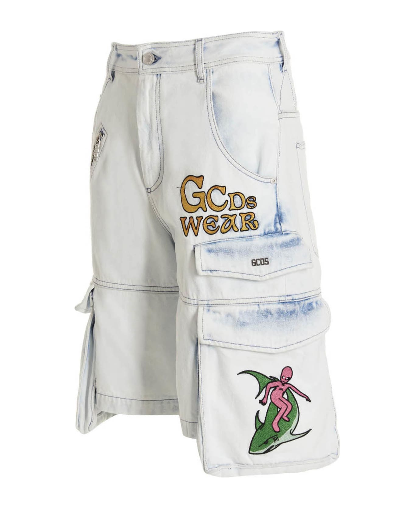 GCDS Bleached Embroidered Ultracargo' Bermuda Shorts - Light Blue