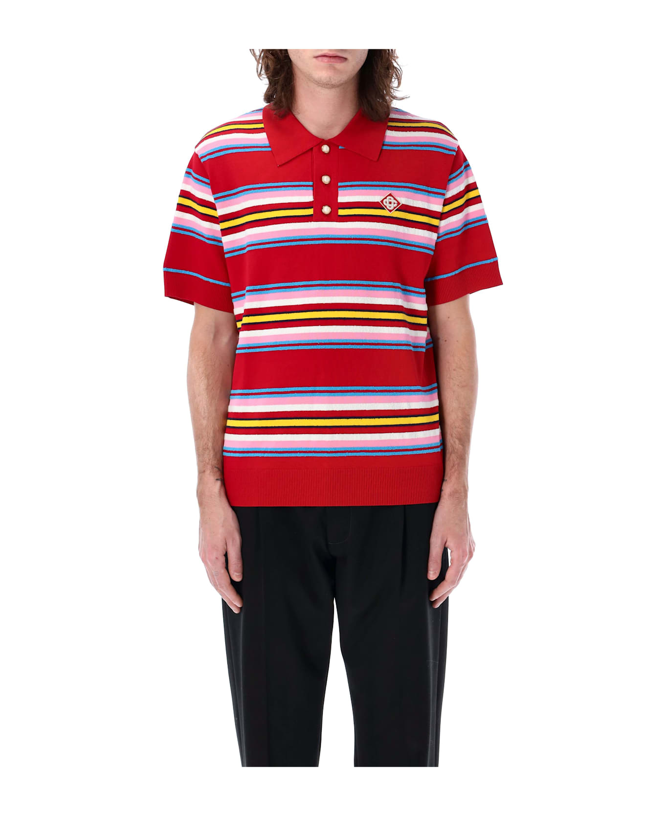 Casablanca Striped Knit Polo Shirt - RED MULTI